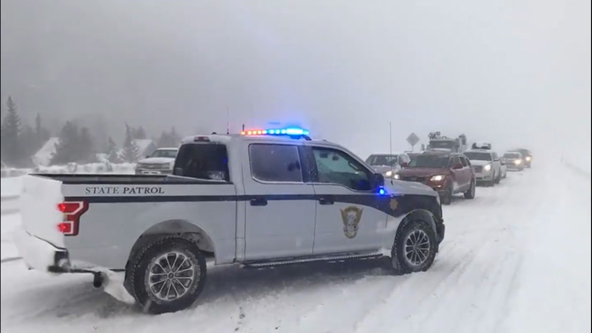 Low visibility and heavy snow prompted officials to close Interstate 70 eastbound in Vail, Colorado, on Feb. 24.