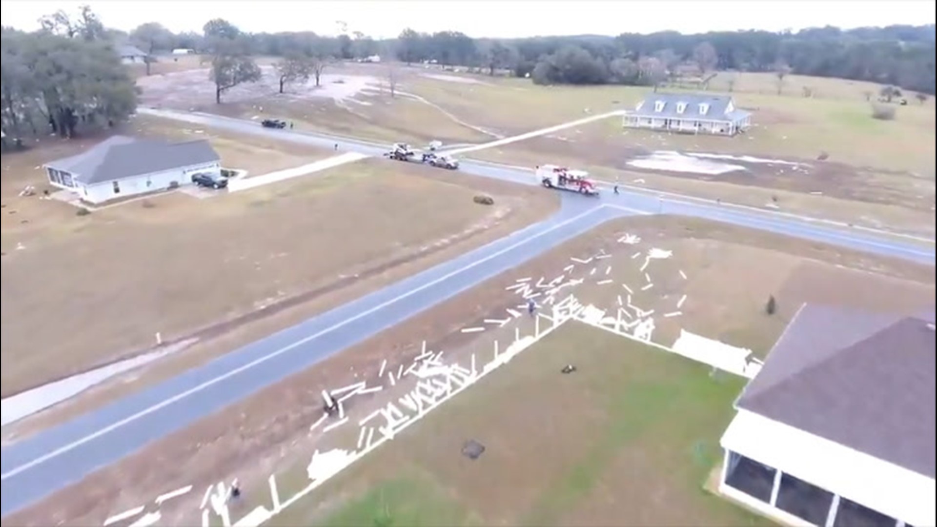 Aerial video from the Lake City area on Feb. 15 showed fences destroyed, giant tree limbs felled and houses damaged after a tornado-warned storm passed through the area.