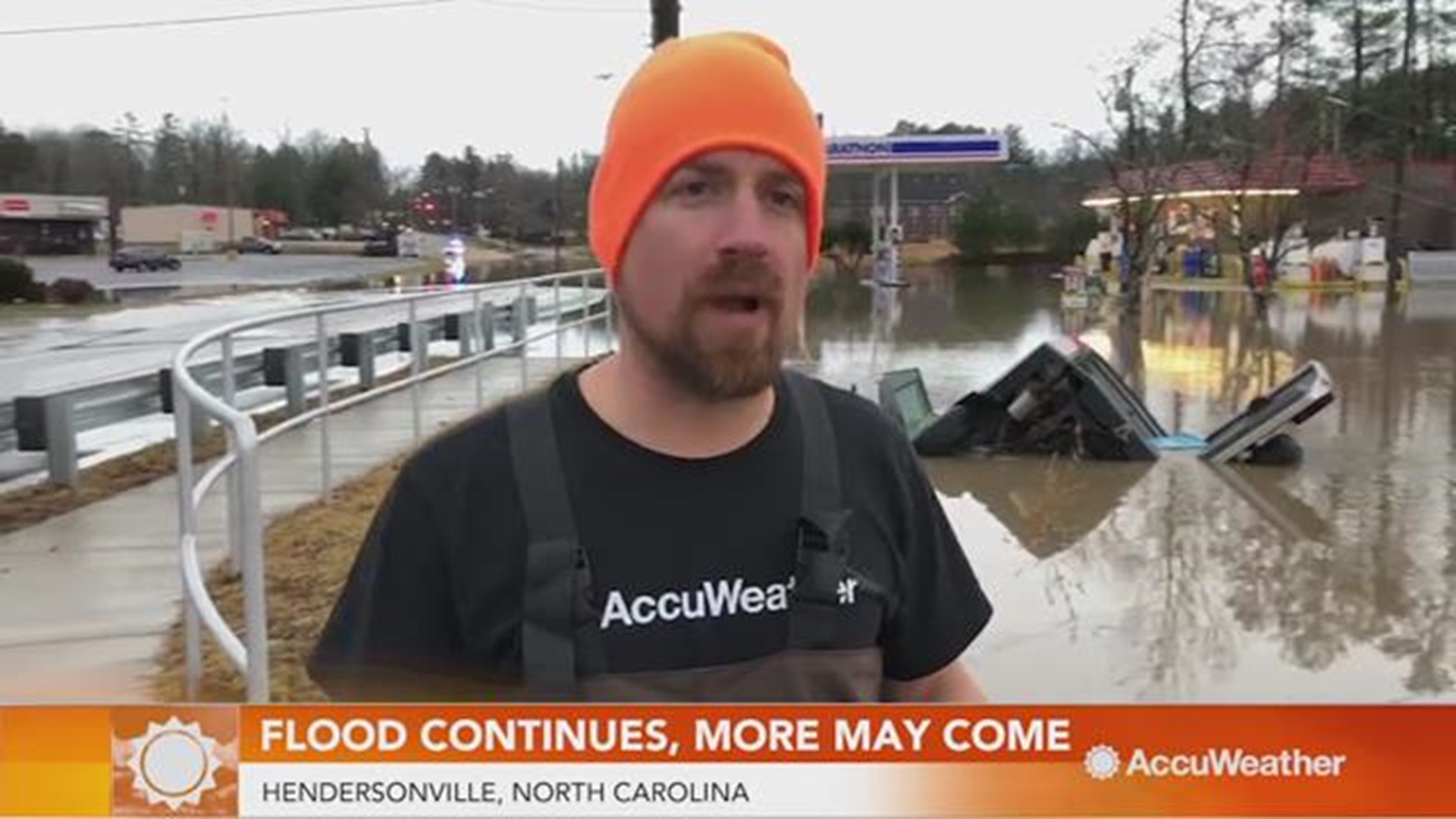 Storm chaser Reed Timmer, who was in Hendersonville, North Carolina, reminds everyone to turn around, don't drown when facing flash flood conditions.  There was a water rescue where a driver did not take heed to this advice and his car was immediately sub