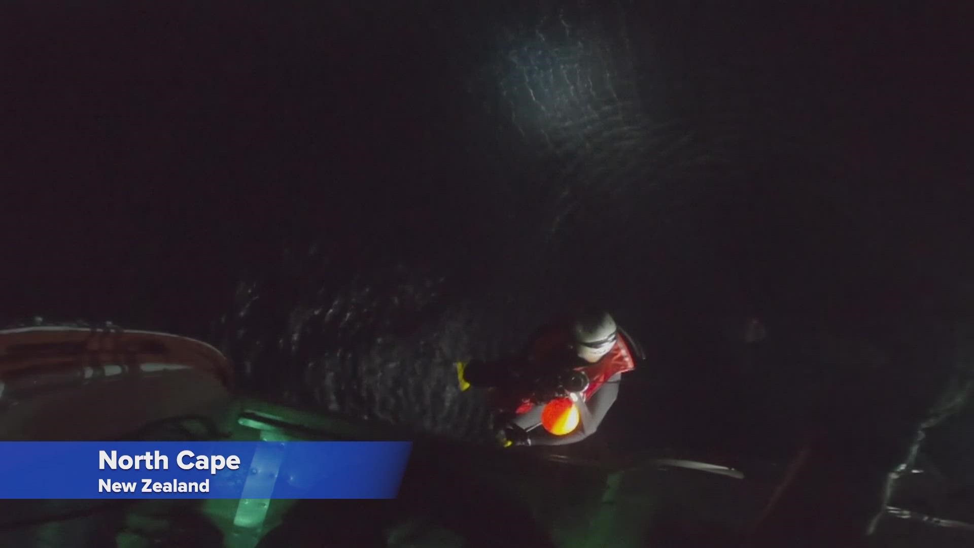 A man clinging in the dark to the wreckage of a fishing boat let go and leapt into the arms of a rescue swimmer in New Zealand.