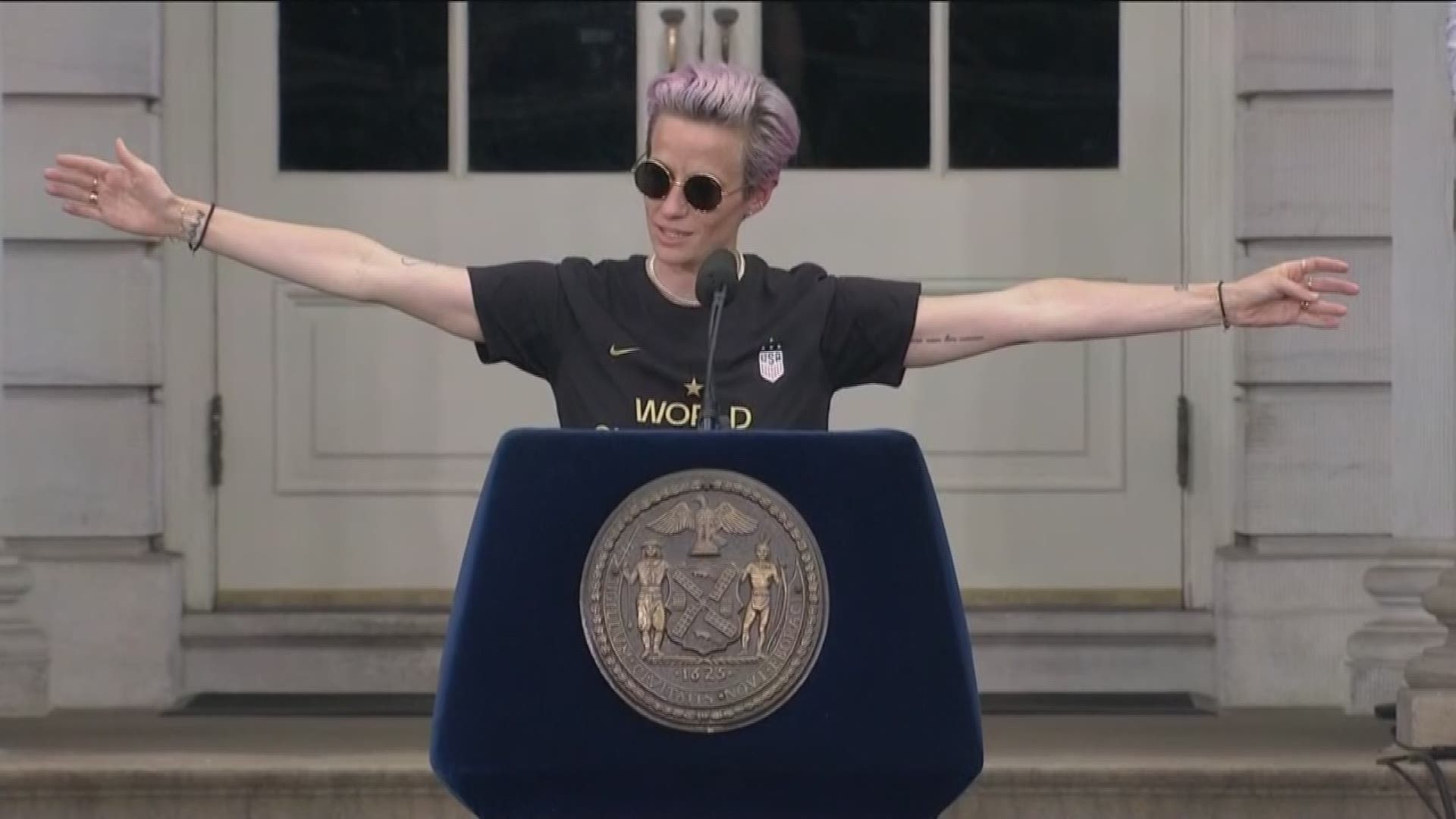 Team USA co-captain Megan Rapinoe spoke about the diversity of her World Cup champion team during a rally in New York City Wednesday.