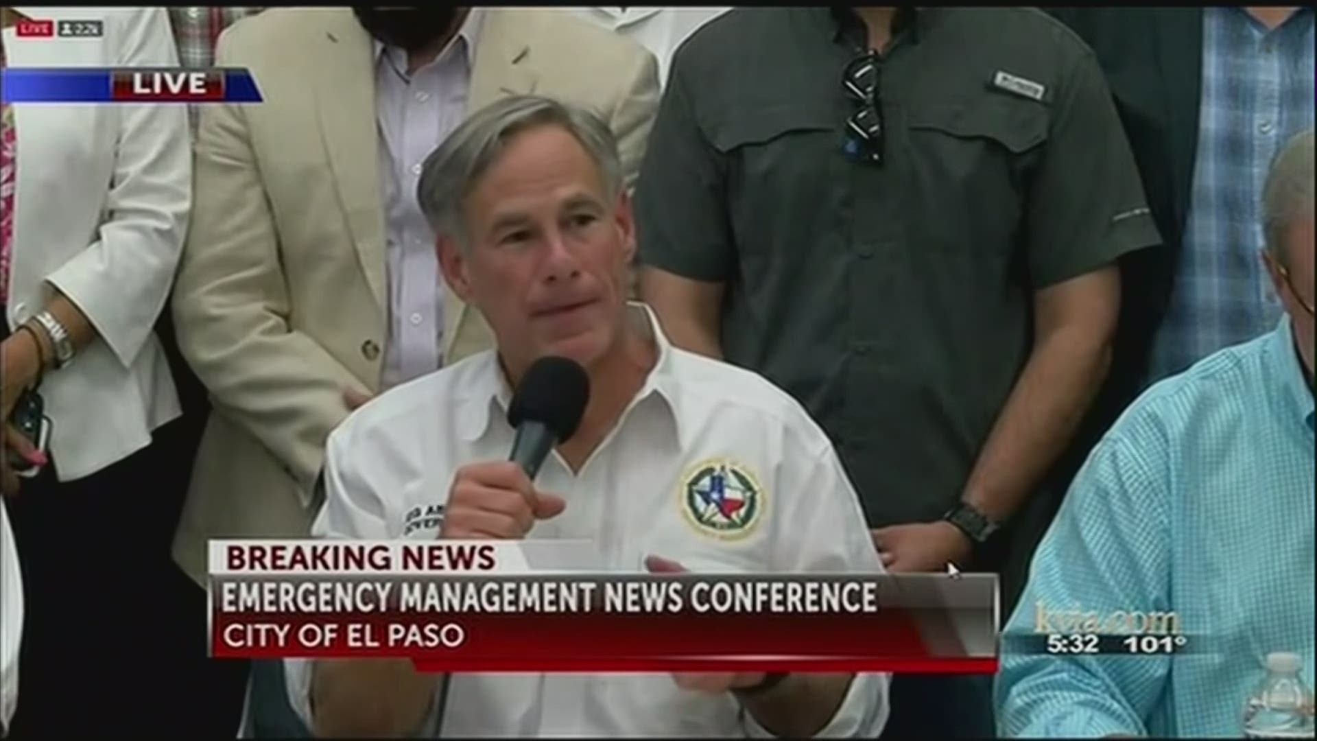 Texas Gov. Greg Abbott and El Paso Police Chief Greg Allen said at a news conference that 20 people were killed in a shooting at a mall, and 26 were injured. (KVIA via AP)