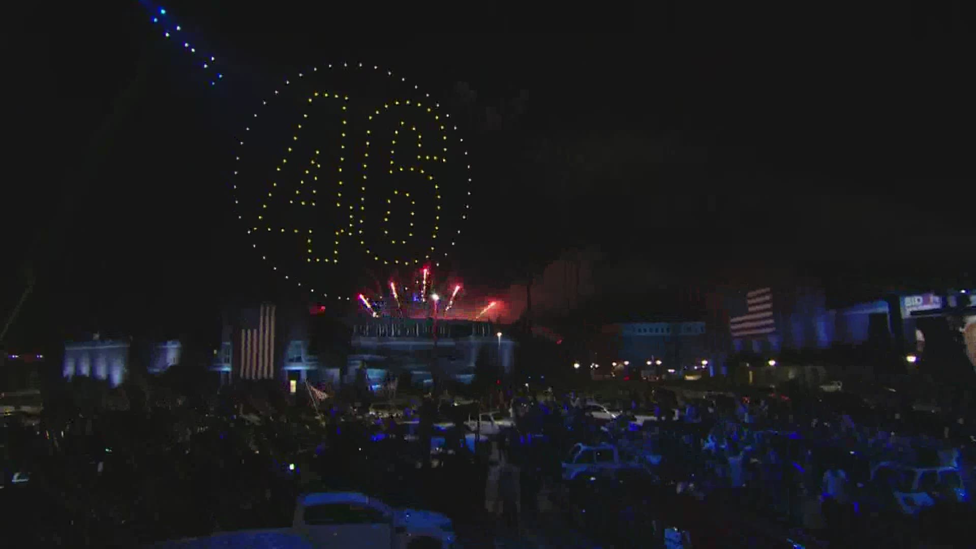 After Joe Biden's victory speech Saturday night, there was a fireworks and drone show featuring words like "President Elect" and "46."