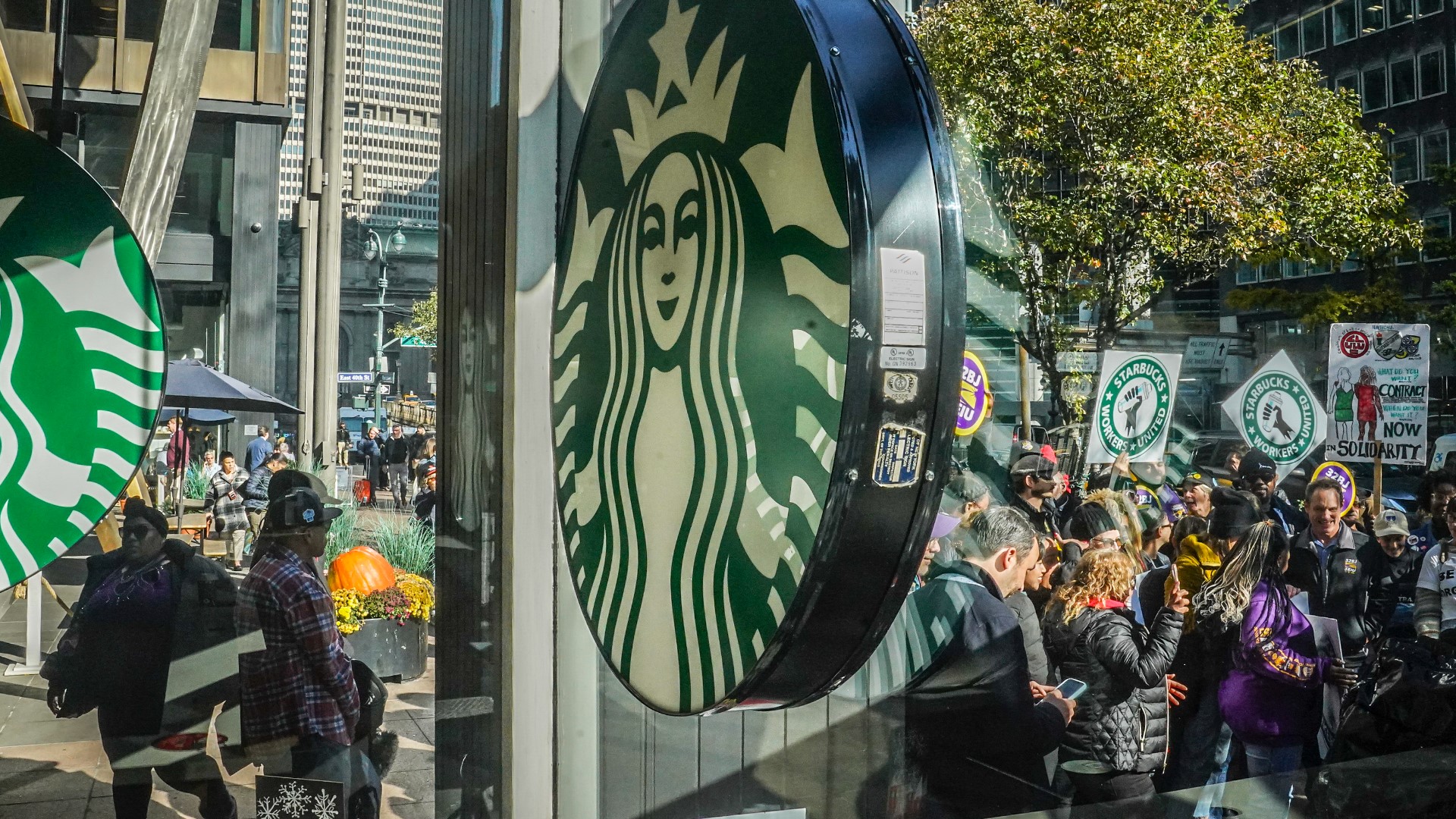 Union workers at a Starbucks in New York City walked off the job and onto the picket line as a part of a nationwide strike Thursday.