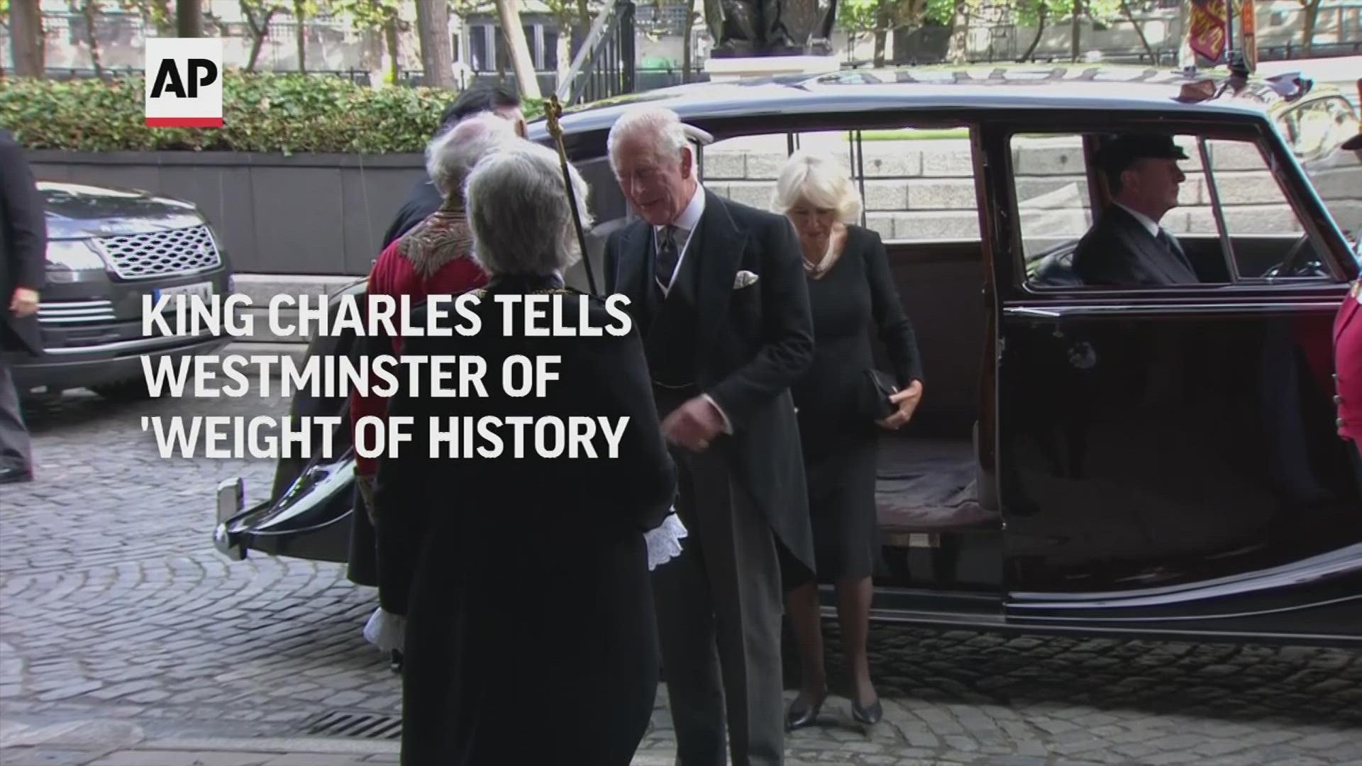 King Charles III pledged Monday to follow his late mother’s example of “selfless duty” as he addressed lawmakers from both houses of parliament in London.