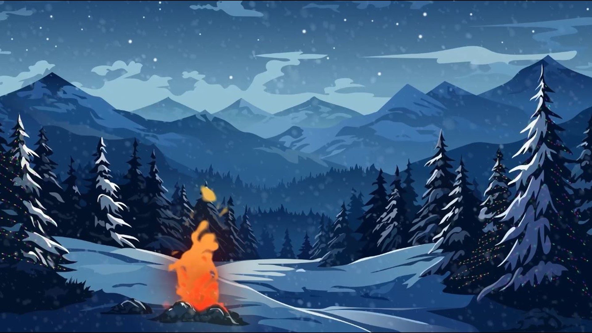 An outdoor yule log video loop set to holiday music. Enjoy the crackling fire in an outdoor winter setting.