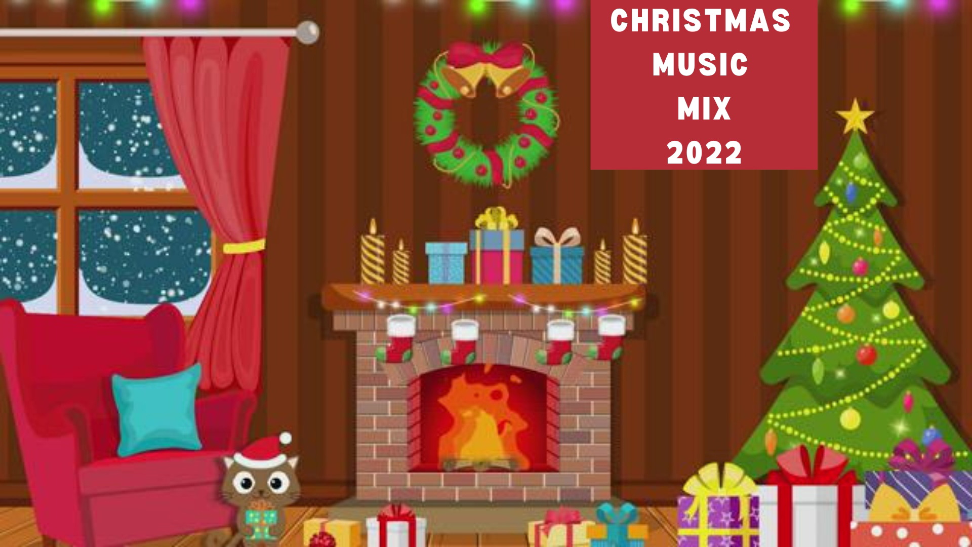 Cute cat relaxes by fireplace enjoying this Christmas playlist.