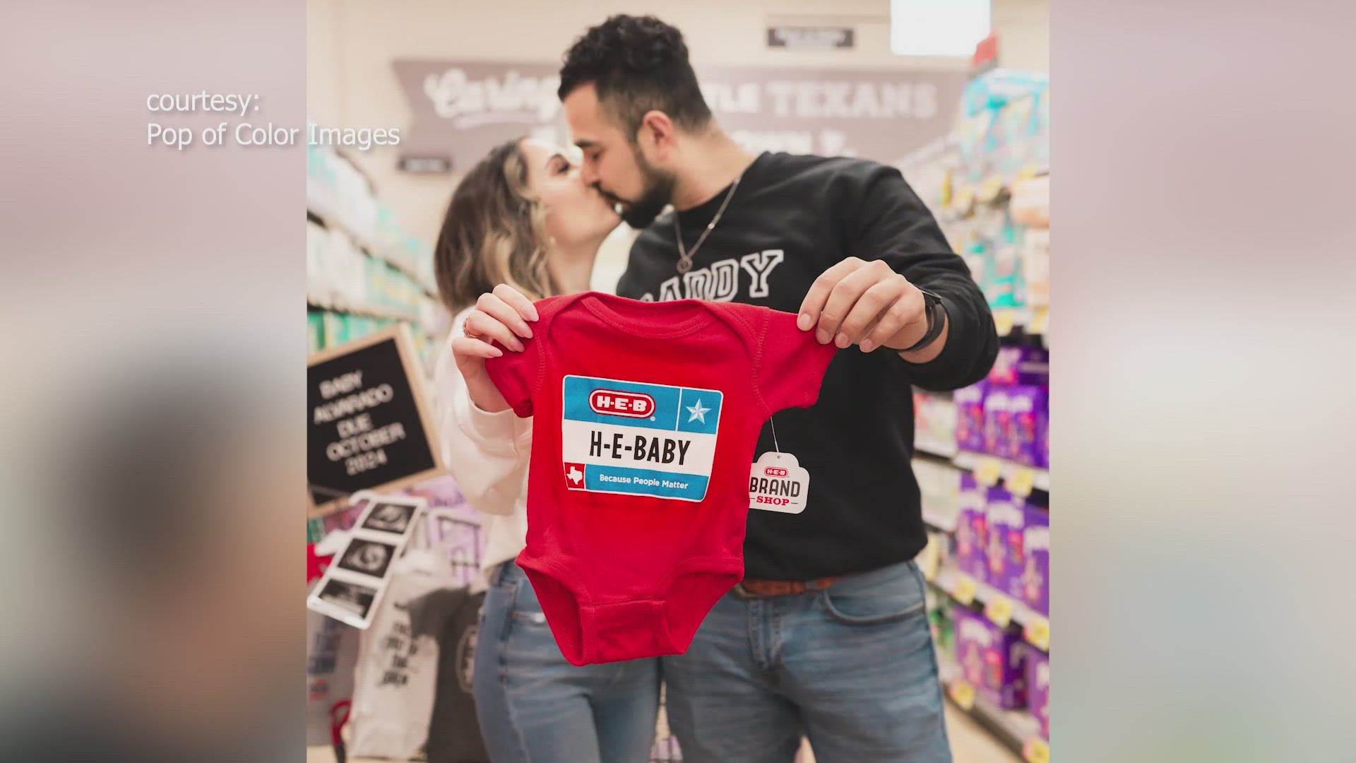 The young San Antonio couple wanted to announce their pregnancy in a unique way, so they incorporated the husband's employer, H-E-B, into a photoshoot.