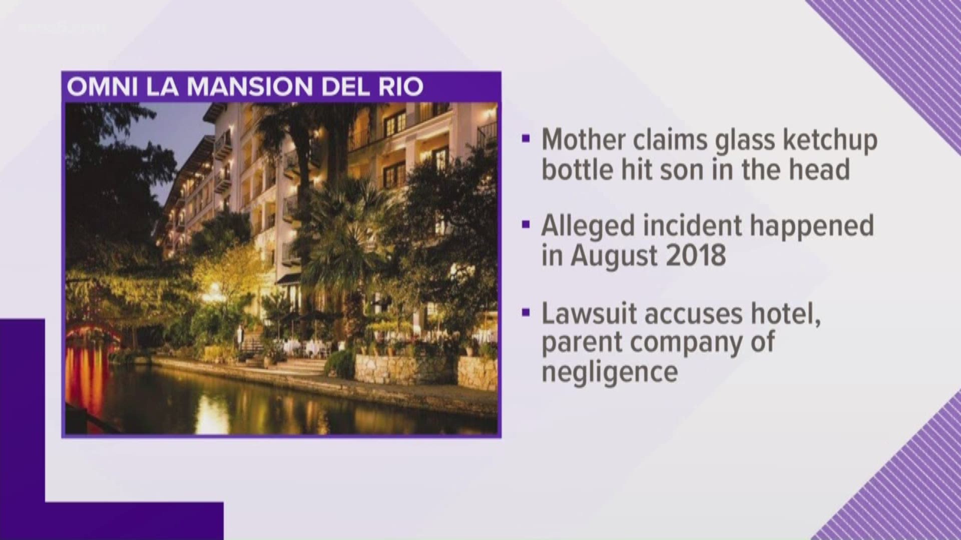 A  hotel is being sued for $1 million over a bottle of ketchup. A mother claims the glass bottle fell from a balcony and hit her 2-year-old son in the head.