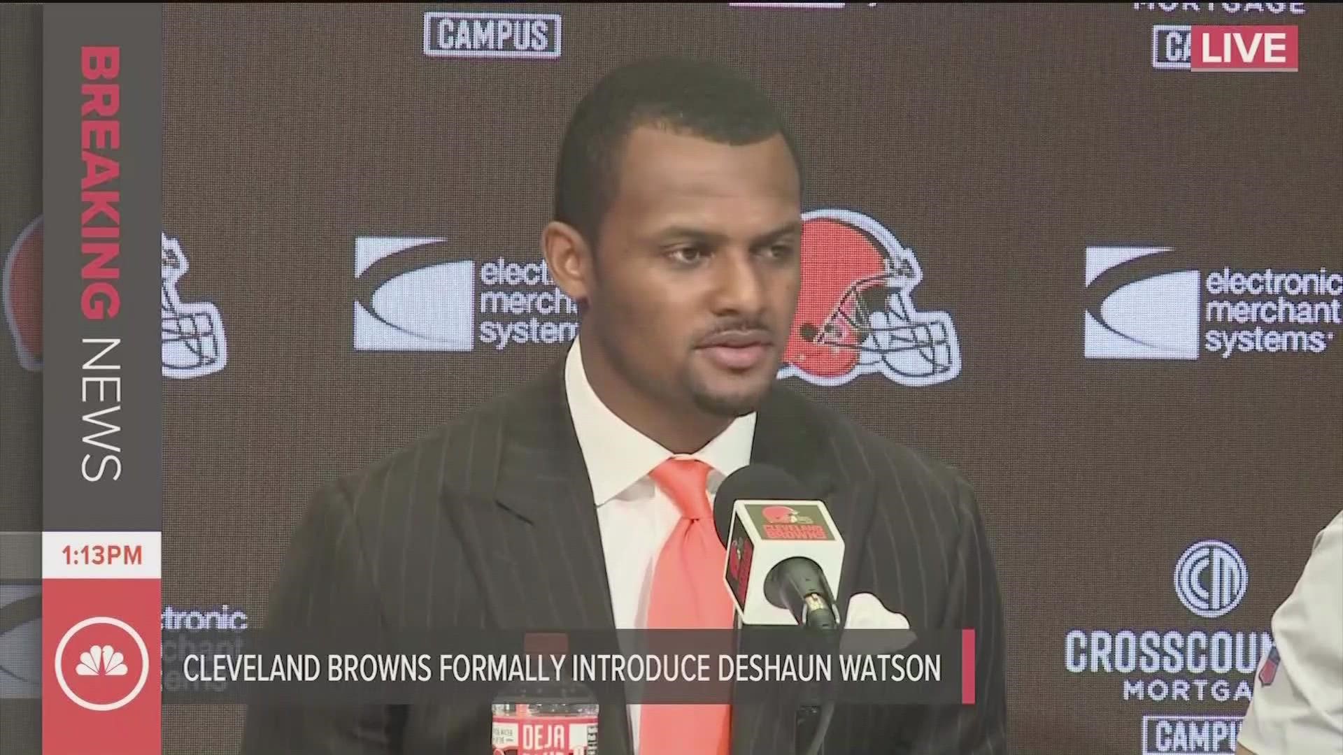 Deshaun Watson answered some tough questions during his introduction as the new Cleveland Browns quarterback.