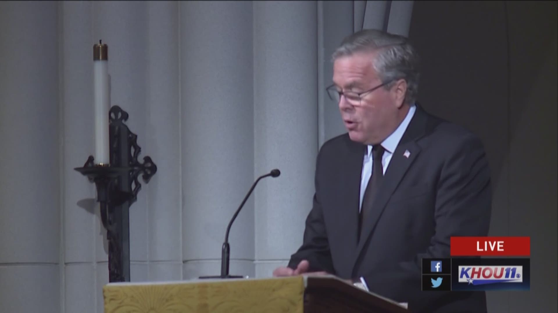 Son and former Florida Governor Jeb Bush shares personal memories and funny stories about Barbara Bush at her funeral in Houston.
