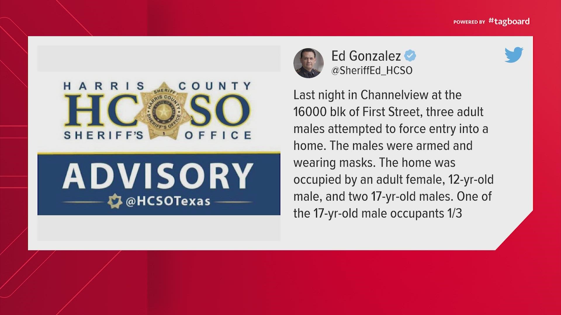 Sheriff Ed Gonzalez said three men tried to make their way in the home when two of them were shot and killed by a 17-year-old armed with a shotgun.