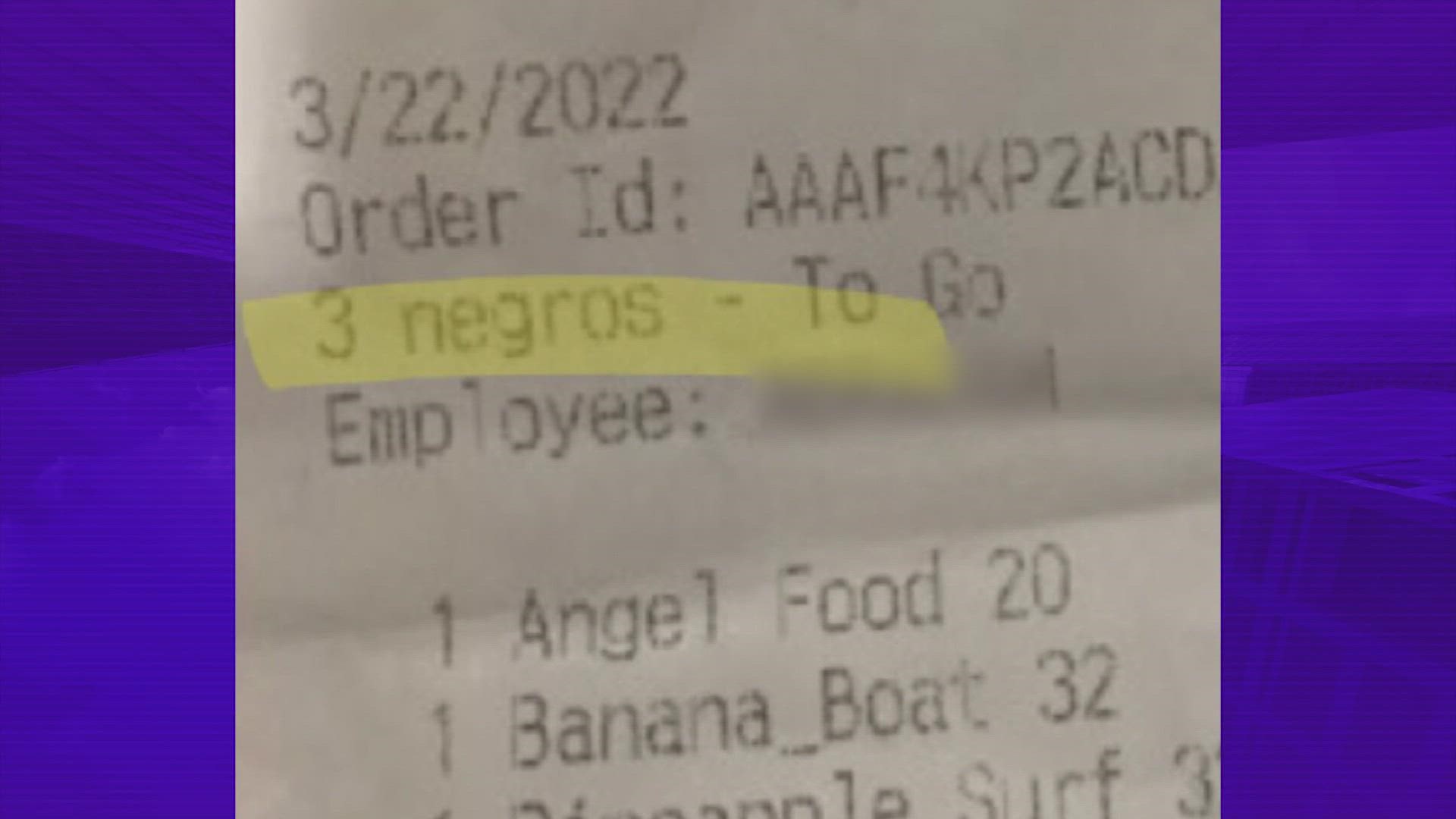A Conroe Smoothie King employee has been fired after reportedly issuing a controversial receipt describing three African American customers as "3 negros."