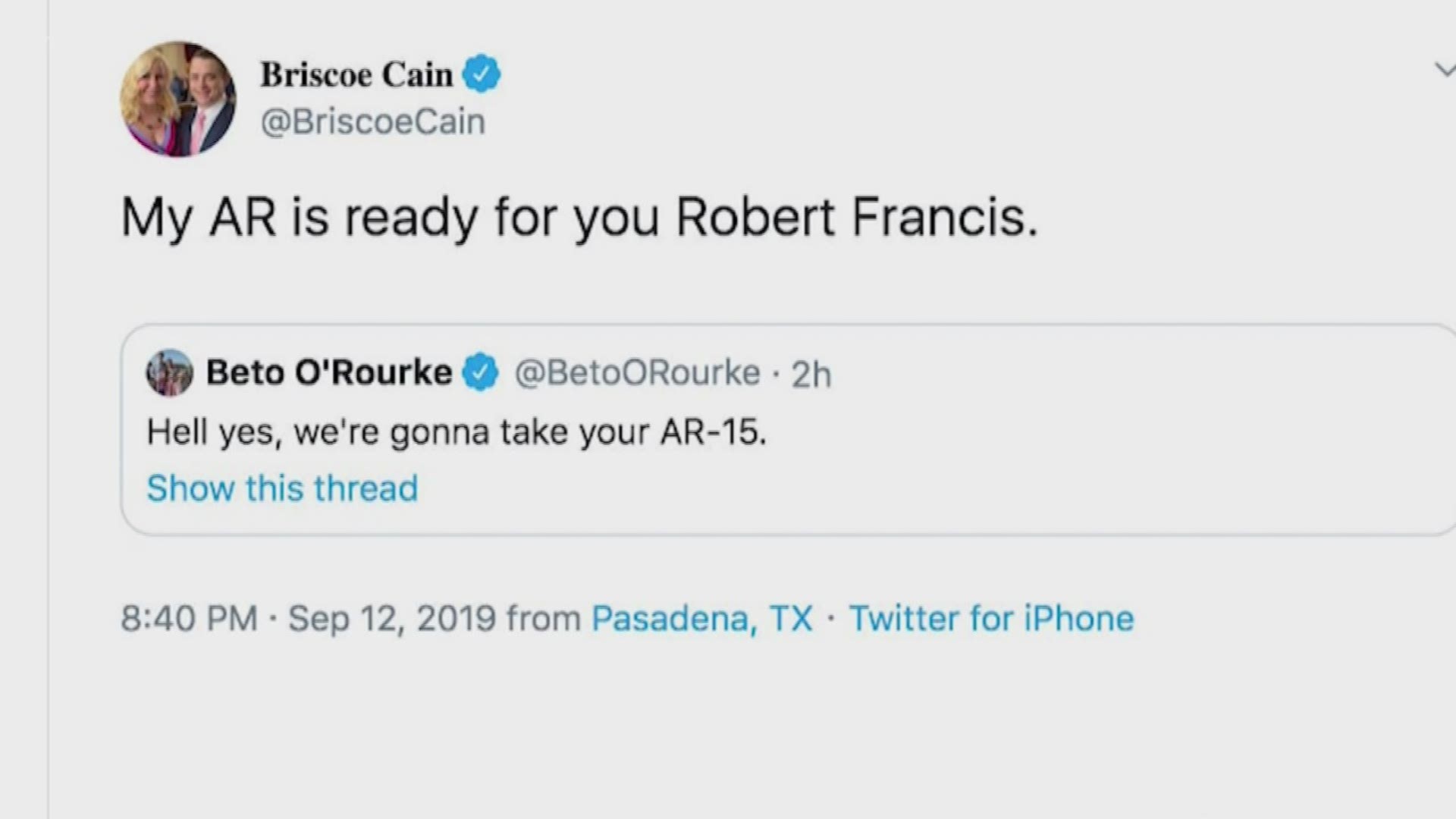 A feud between Democratic presidential hopeful Beto O’Rourke and Houston-area Republican state Rep. Briscoe Cain could now have the FBI involved.