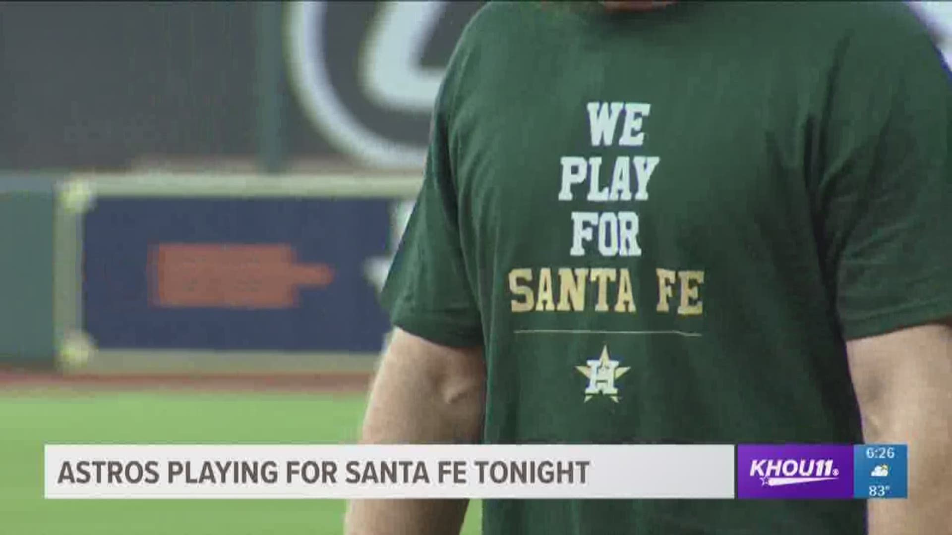 Before suiting up for their game against the San Francisco Giants Tuesday at Minute Maid Park, the Houston Astros showed their support for Santa Fe shooting victims at batting practice.