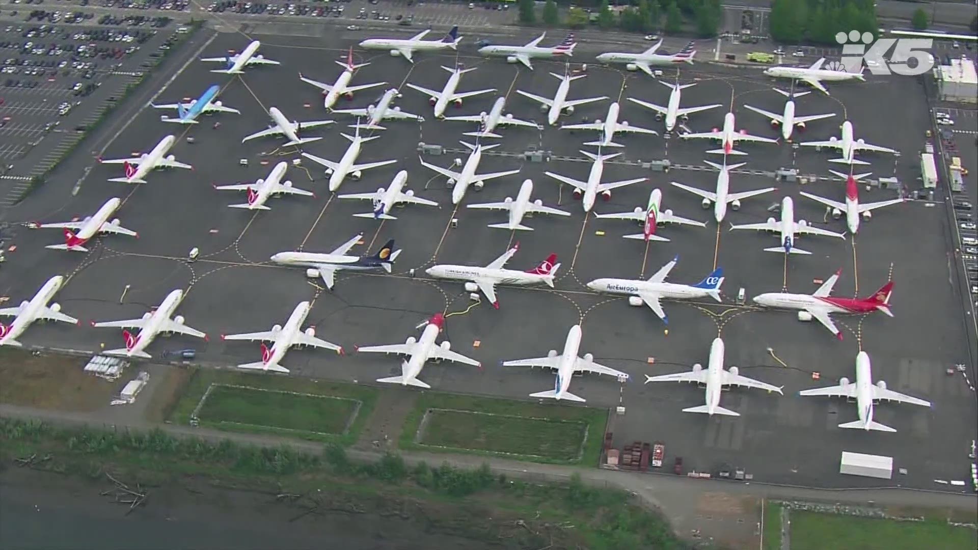 Parked 737 Max jets line up at Seattle's Boeing Field on May 24, 2019.