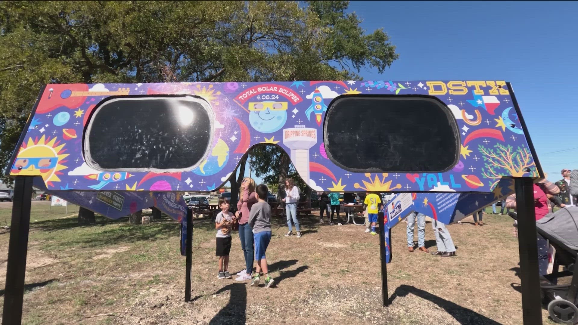 The city installed giant solar glasses at Veterans Memorial Park to build excitement for the full eclipse in 2024.