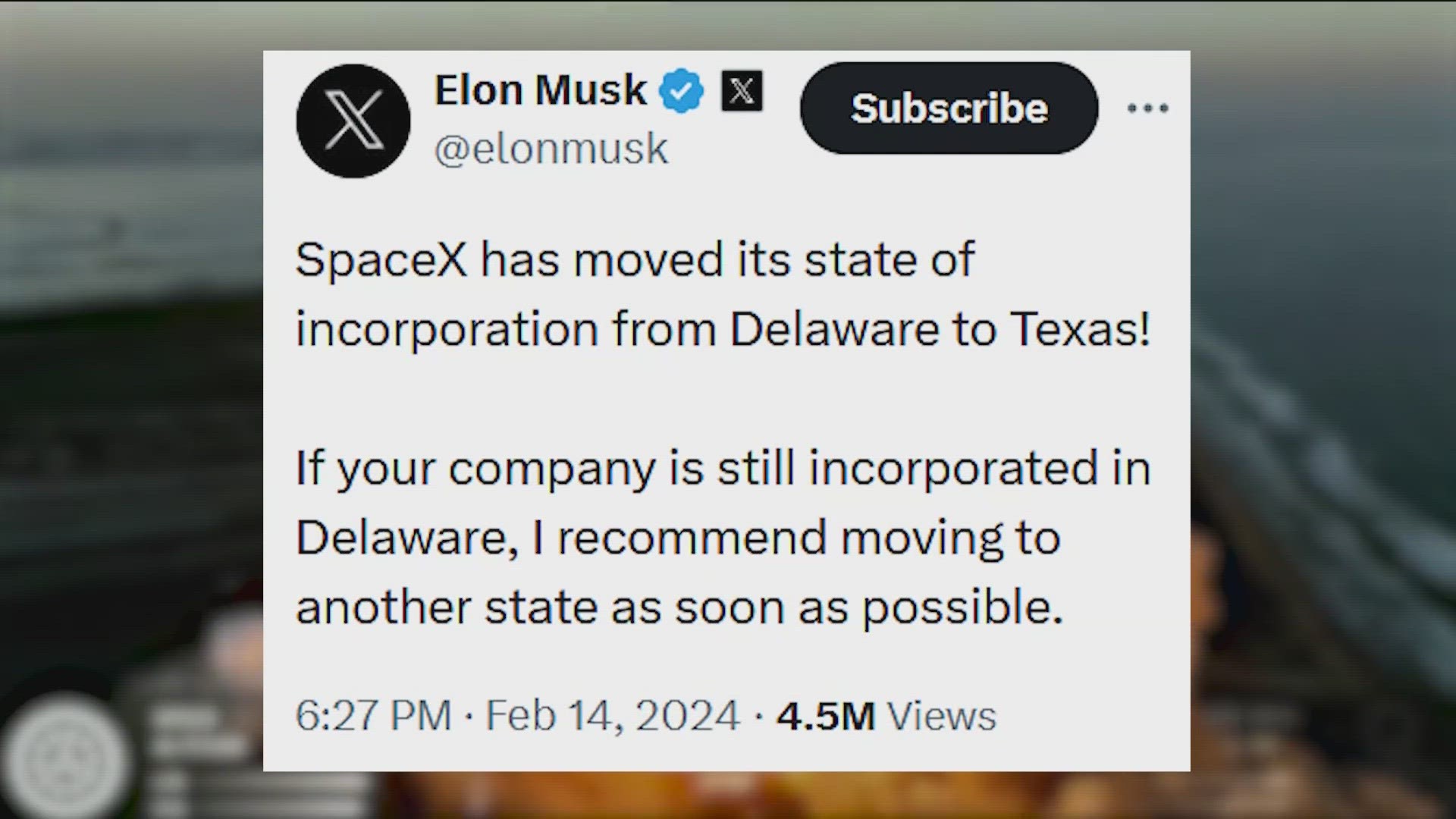 SpaceX has officially moved its incorporation from Delaware to Texas. CEO Elon Musk posted that announcement to social media.