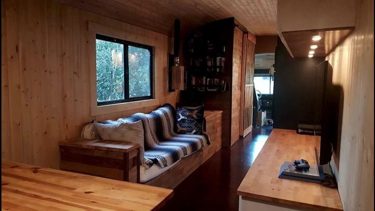 Man Builds Tiny Home From A School Bus For 15k Wfaa I Have A Ger Kitchen Than My Last Studio Apartment He Said The Gest Entertainment Center Ve Ever Owned In Entire Life