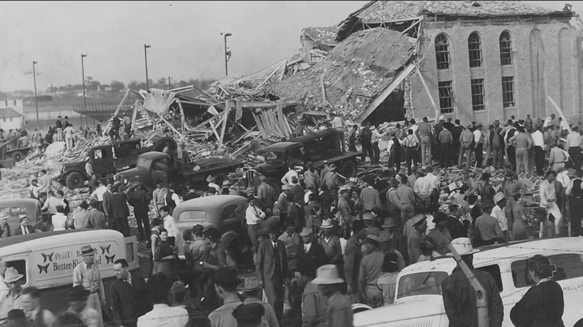 A gas explosion ripped through the school in New London, killing nearly 300 children and their teachers.