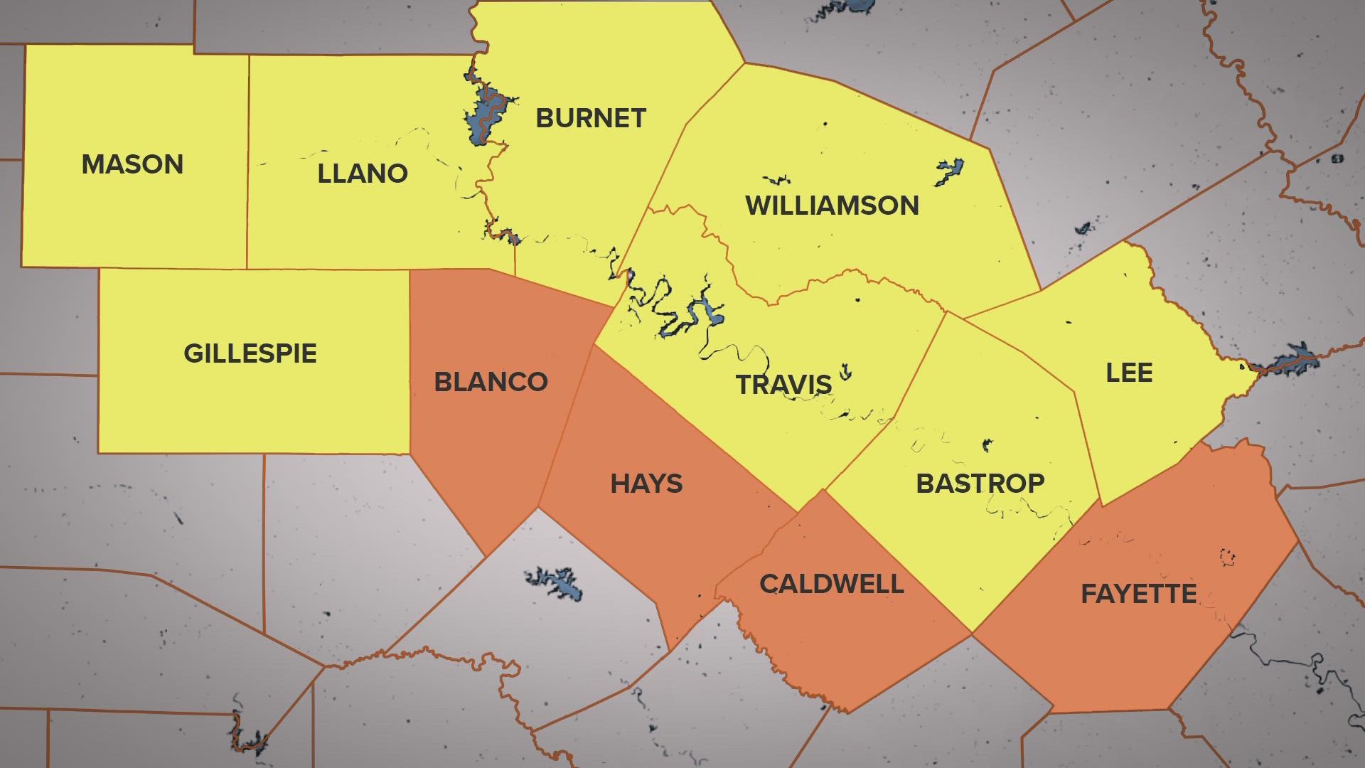 Most of the counties in the KVUE area are currently in the "medium" risk level.