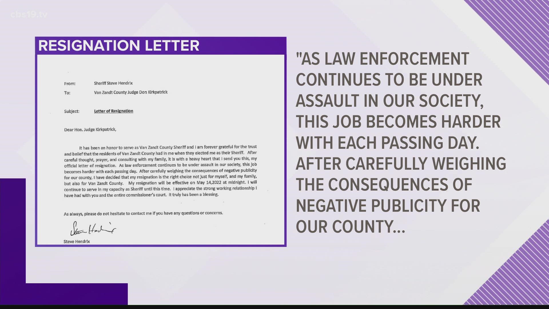 Hendrix's resignation will be effective May 14 following his arrest and indictment on charges of giving a false statement to a peace officer.