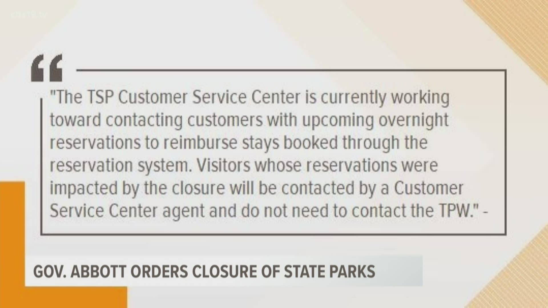At the direction of Gov. Greg Abbott, Texas State Parks will be closed to the public effective at the close of business Tuesday, April 7.