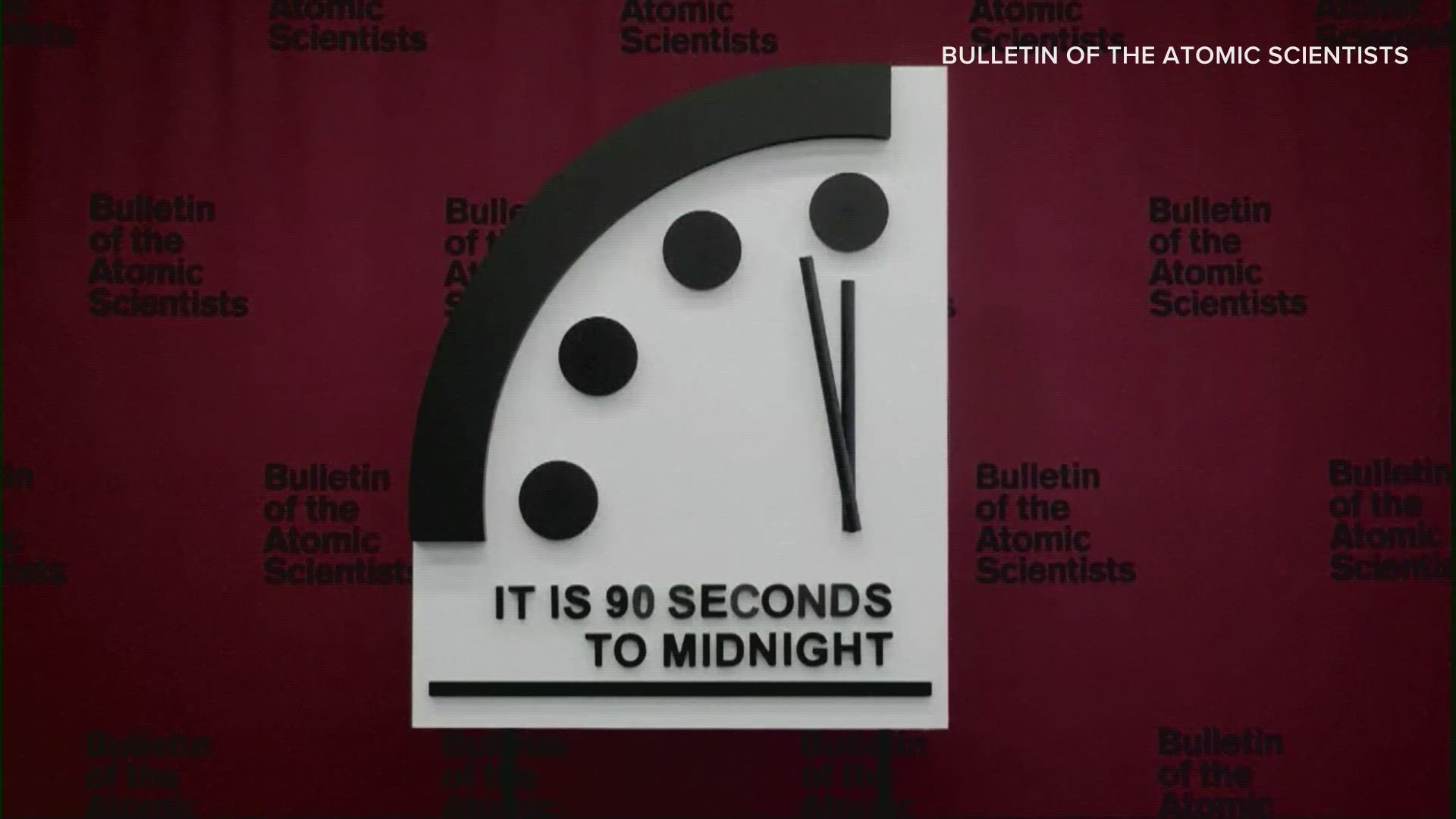 The Doomsday Clock, a symbolic countdown to human extinction established in 1947, remains at 90 seconds to midnight for the second year in a row.