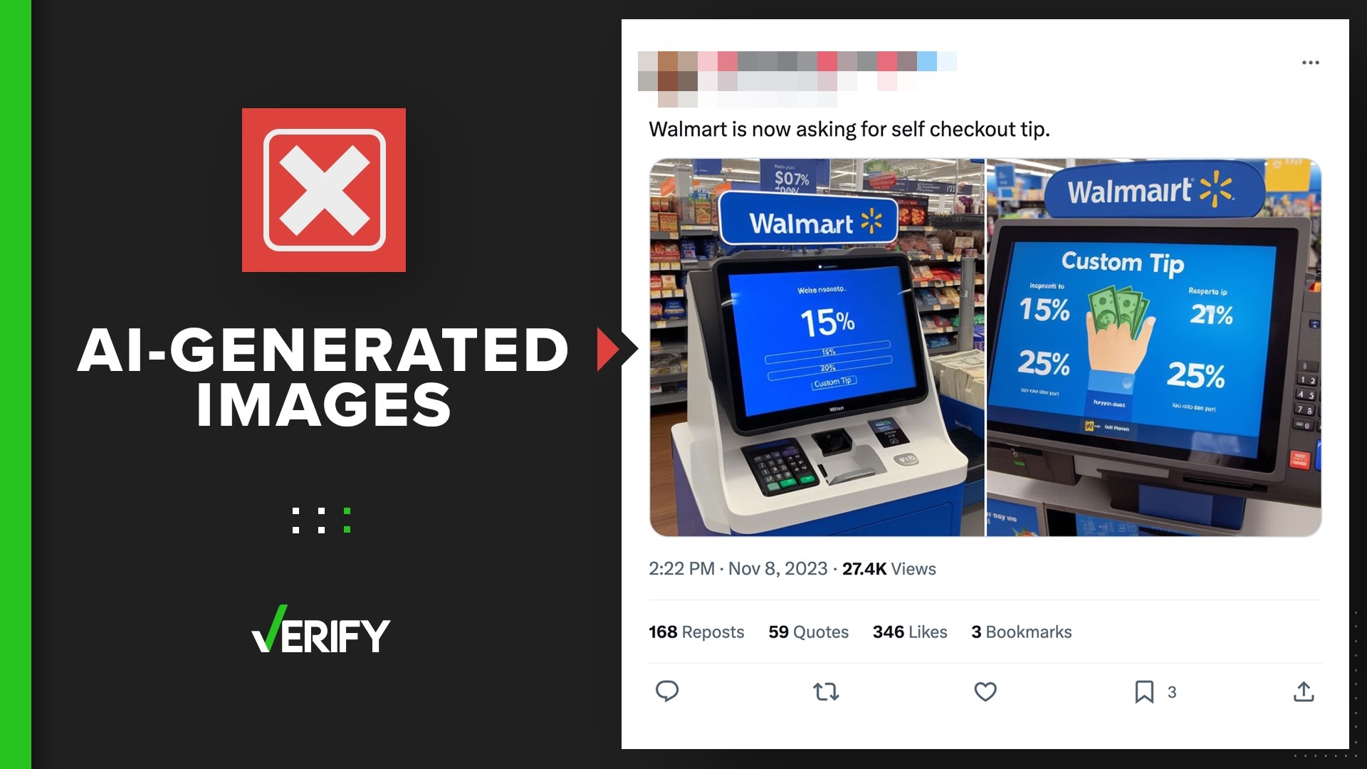 Artificial intelligence was used to create several images that purportedly showed Walmart self-checkout machines requesting tips.