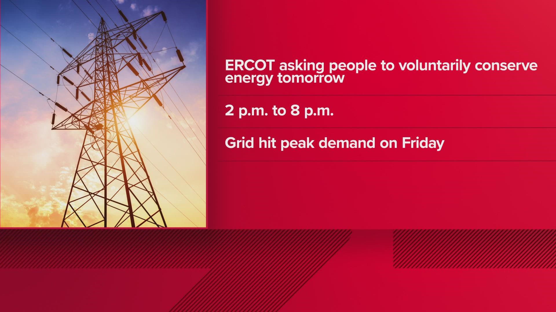 The operator of the Texas electric grid issued an appeal for energy conservation on Monday from 2 p.m. to 8 p.m.