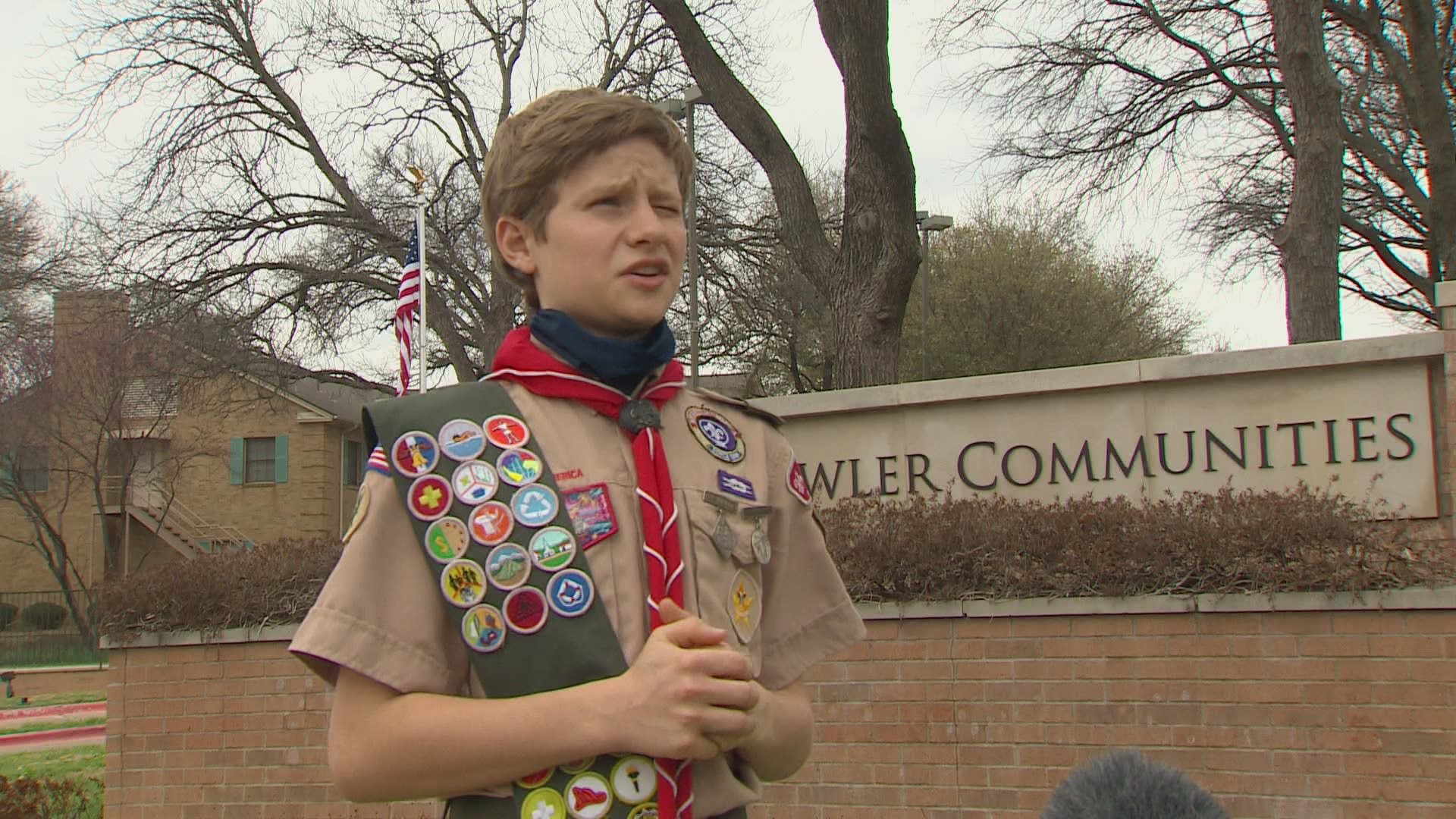 Roman Fox chose to have his Eagle Scout flag-raising ceremony at the Juliette Fowler Communities, an apartment complex that helps older people in Dallas.