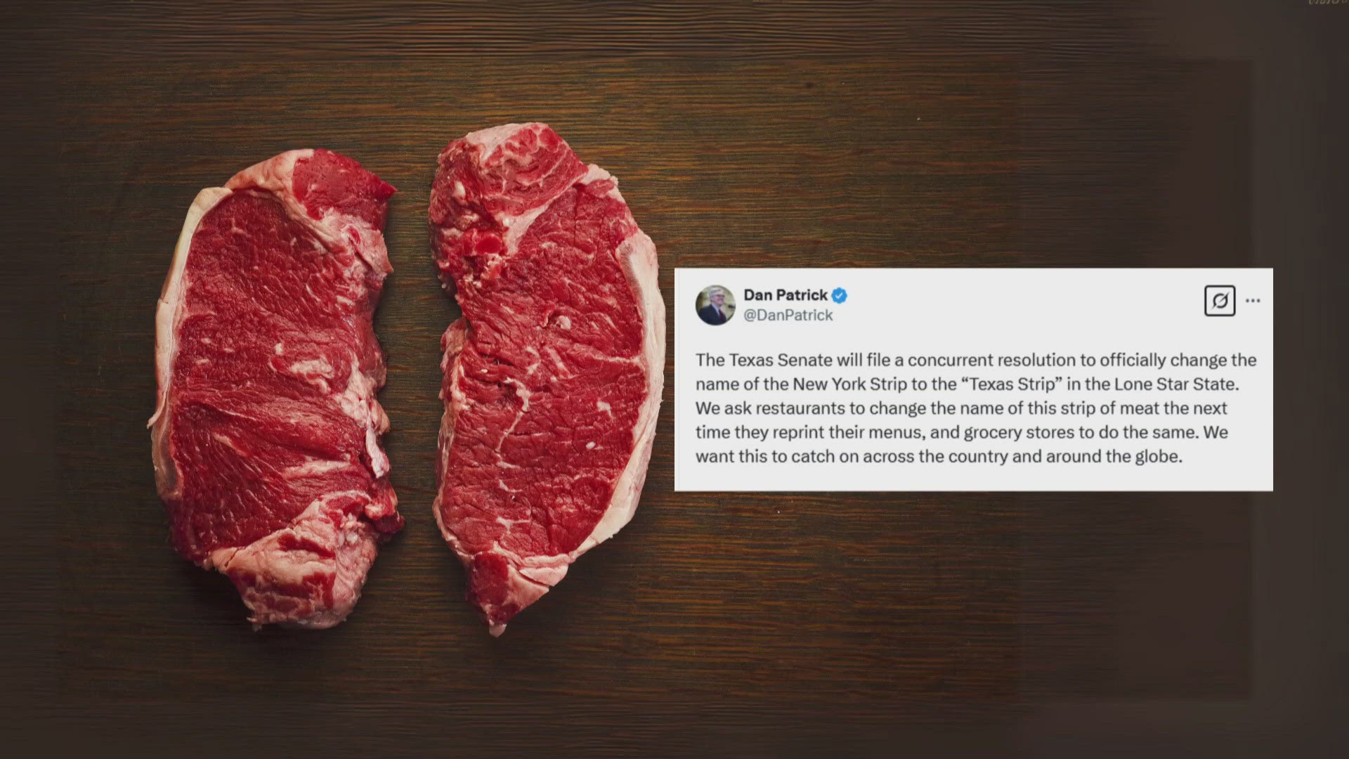 Texas Lt. Gov Patrick calls to rename New York strip to Texas strip