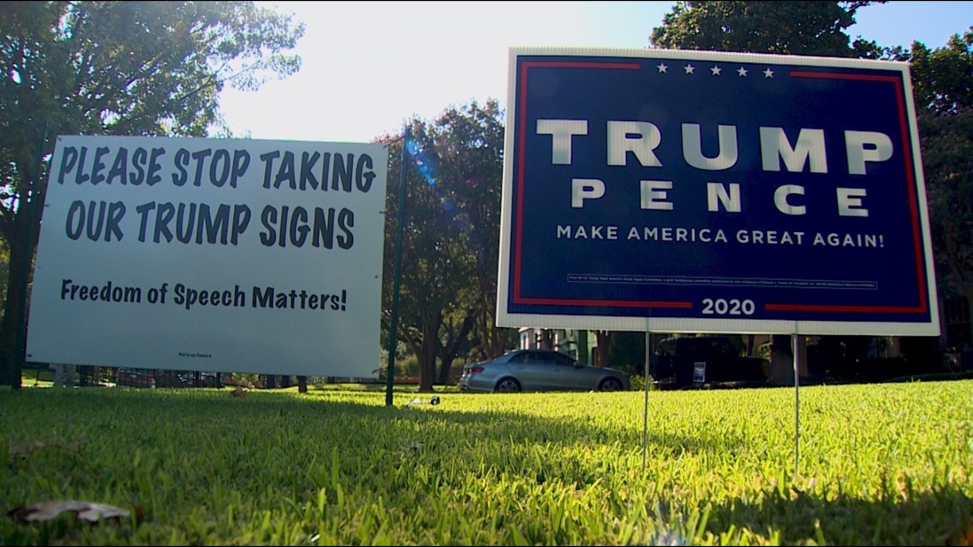 Jim Turner now made a new sign with a simple message: "Please stop taking our Trump signs – Freedom of Speech Matters."
