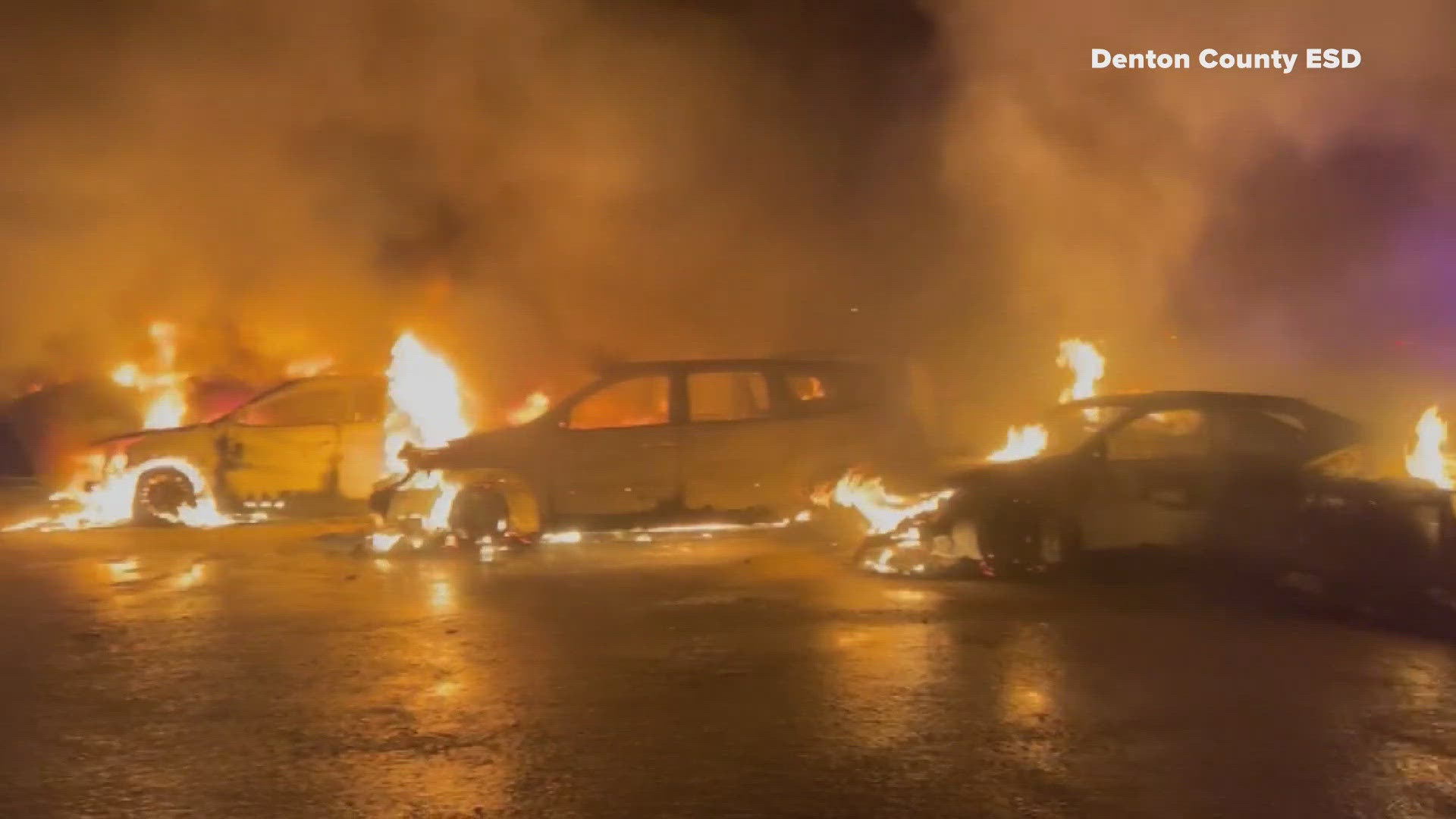 The fire started at a car lot in Denton County, the same lot experienced a fire that burned 58 cars of Christmas Eve.