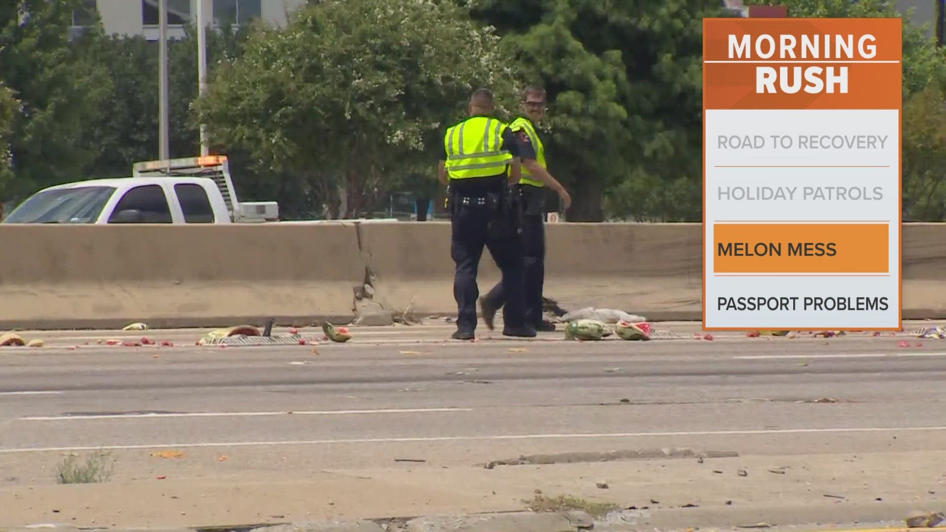 Plano police said the crash happened on southbound US 75 at Parker Road and a “large amount of debris” scattered everywhere, including watermelons.