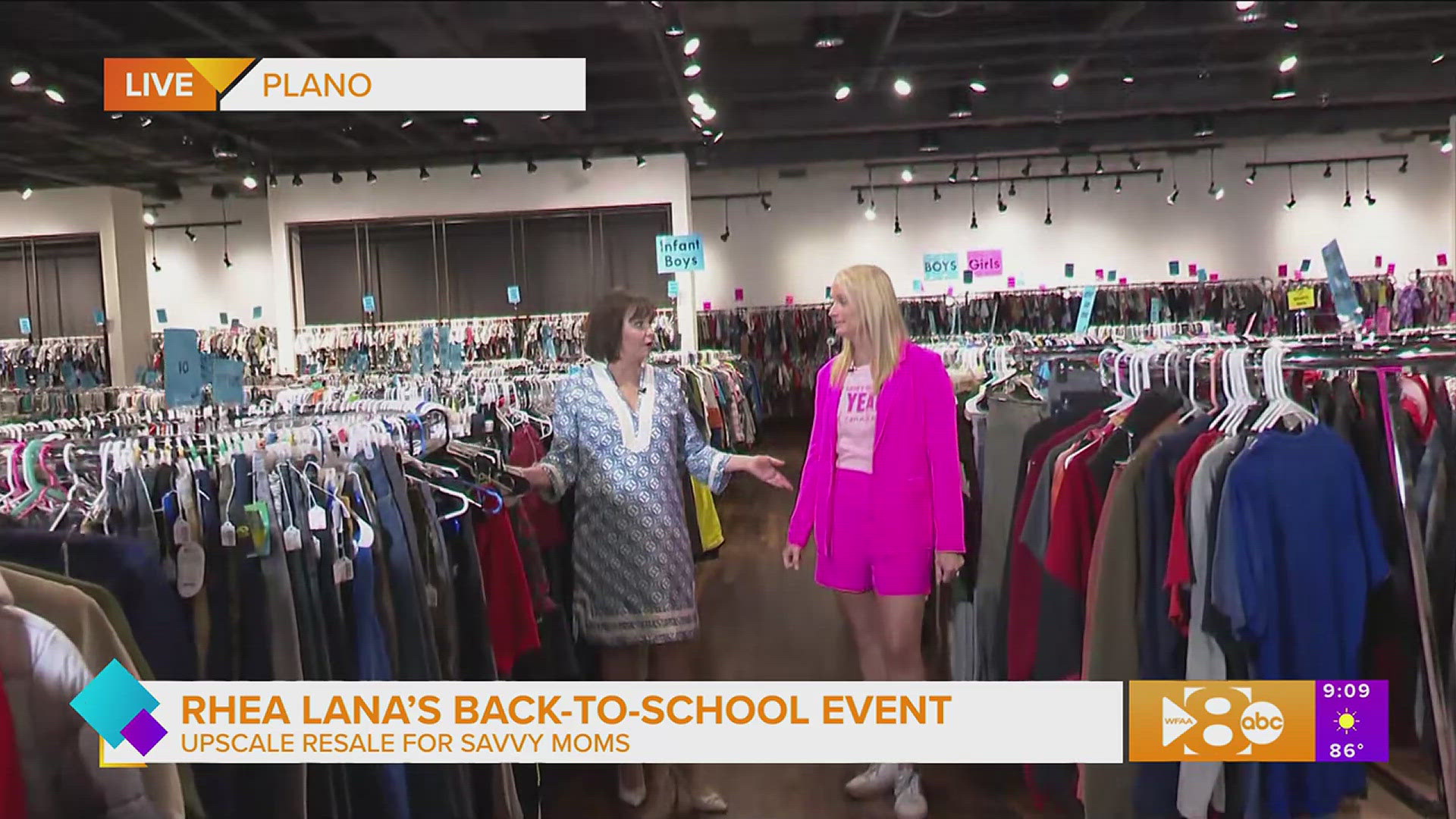 Paige gets a preview of Rhea Lana's Back-to-School consignment sale events at the Shops at Willow Bend in Plano August 11-16.