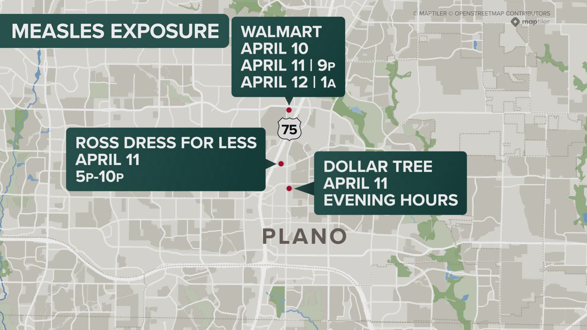 Three stores are a potential source of exposure.