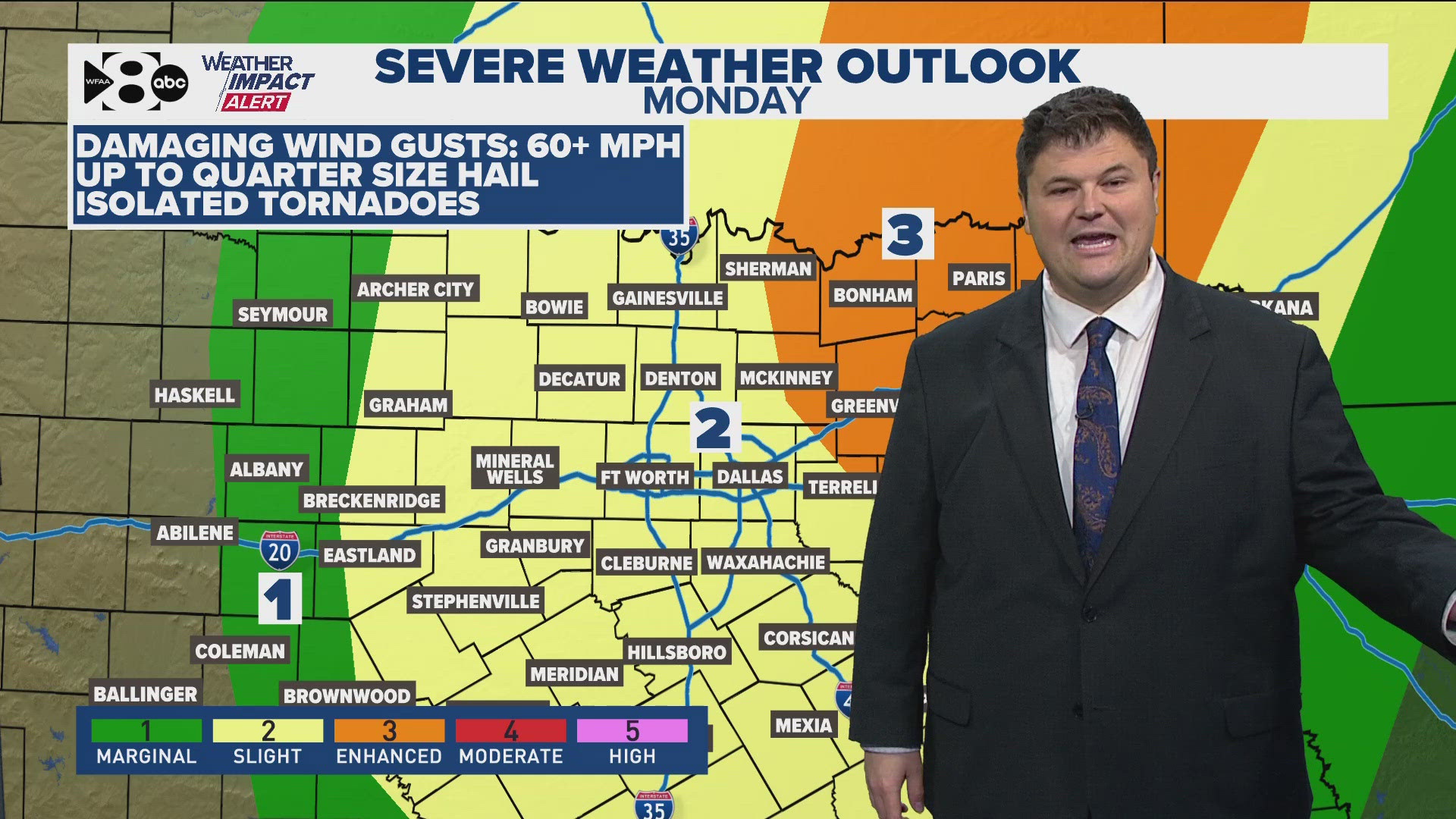 Overnight, the weather should be calm, but Monday between 10 a.m. and 4 p.m., potentially severe storms roll through DFW.