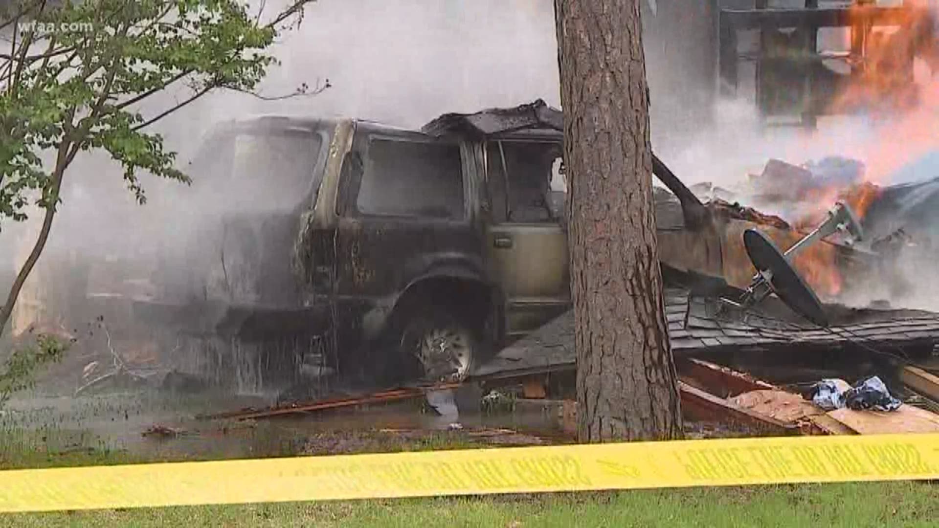 A car crashed into a home in Hurst on Saturday afternoon, hitting a gas line and causing an explosion that injured three people inside and a police officer who had responded to the wreck. The driver told officers that he lost control of the car because of