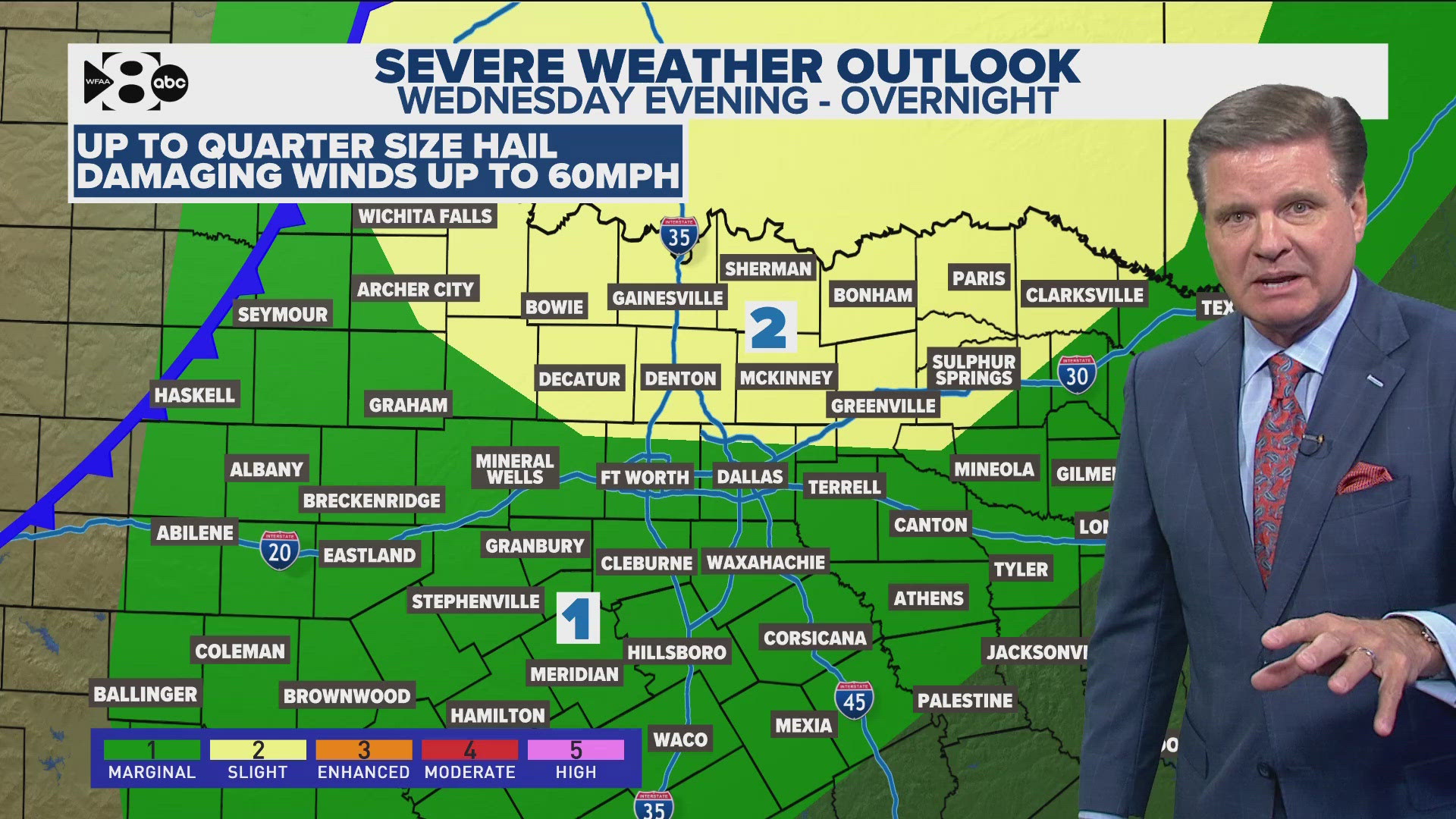 There is a marginal possibility for severe weather in North Texas. A cold front rolls in Wednesday bringing in light showers and possible thunderstorms.