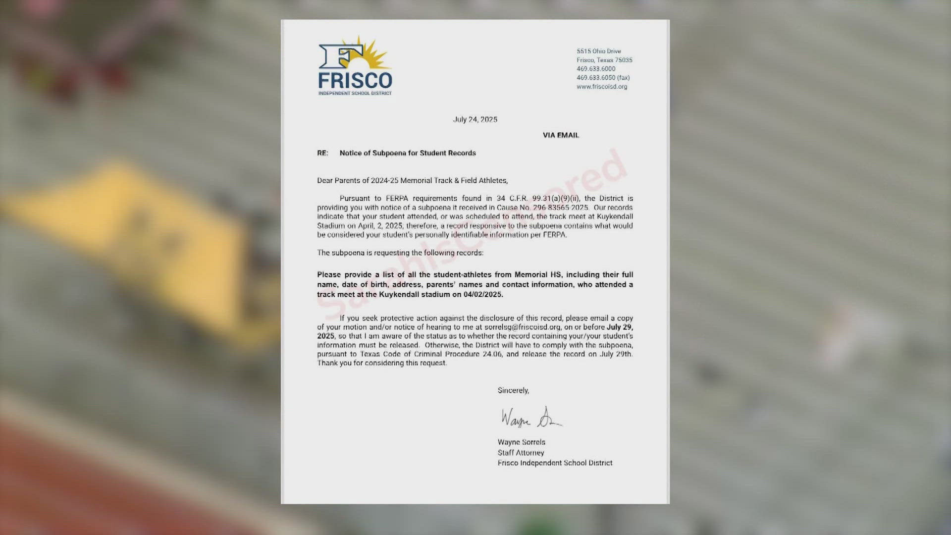 Frisco ISD confirmed it received subpoenas for student records in a murder case that stems from an April track meet.