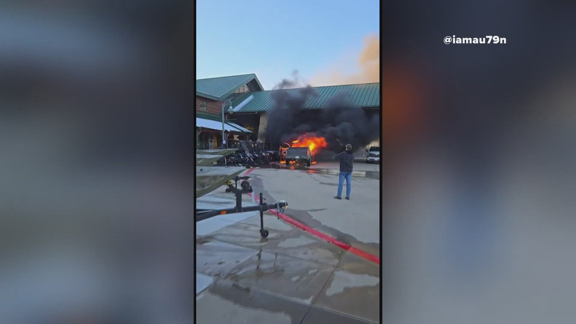 A pickup truck's battery overheated and caught fire in front of a Fort Worth Cabela's.