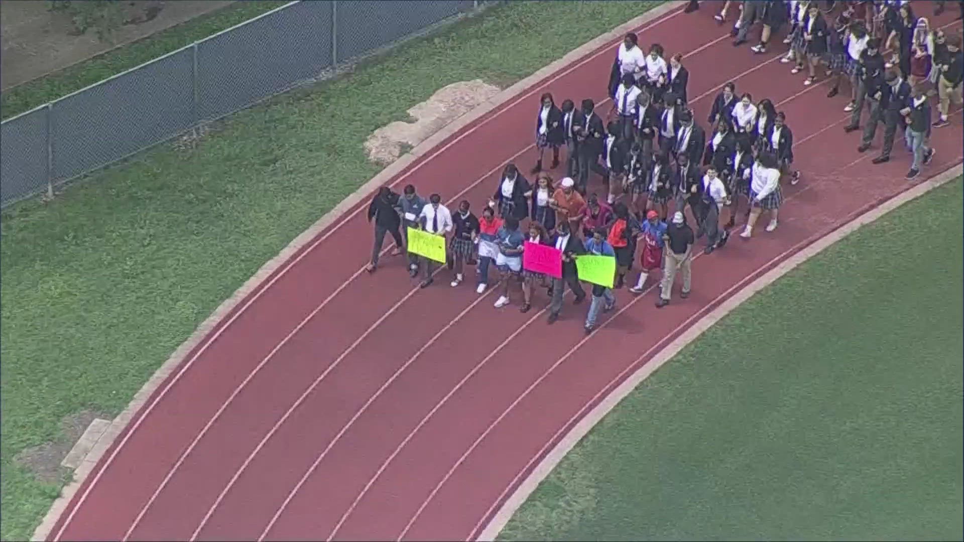 Nearly 100 students from Bishop Dunne Catholic School in Dallas were among those who participated in school walkouts on Thursday, May 11.