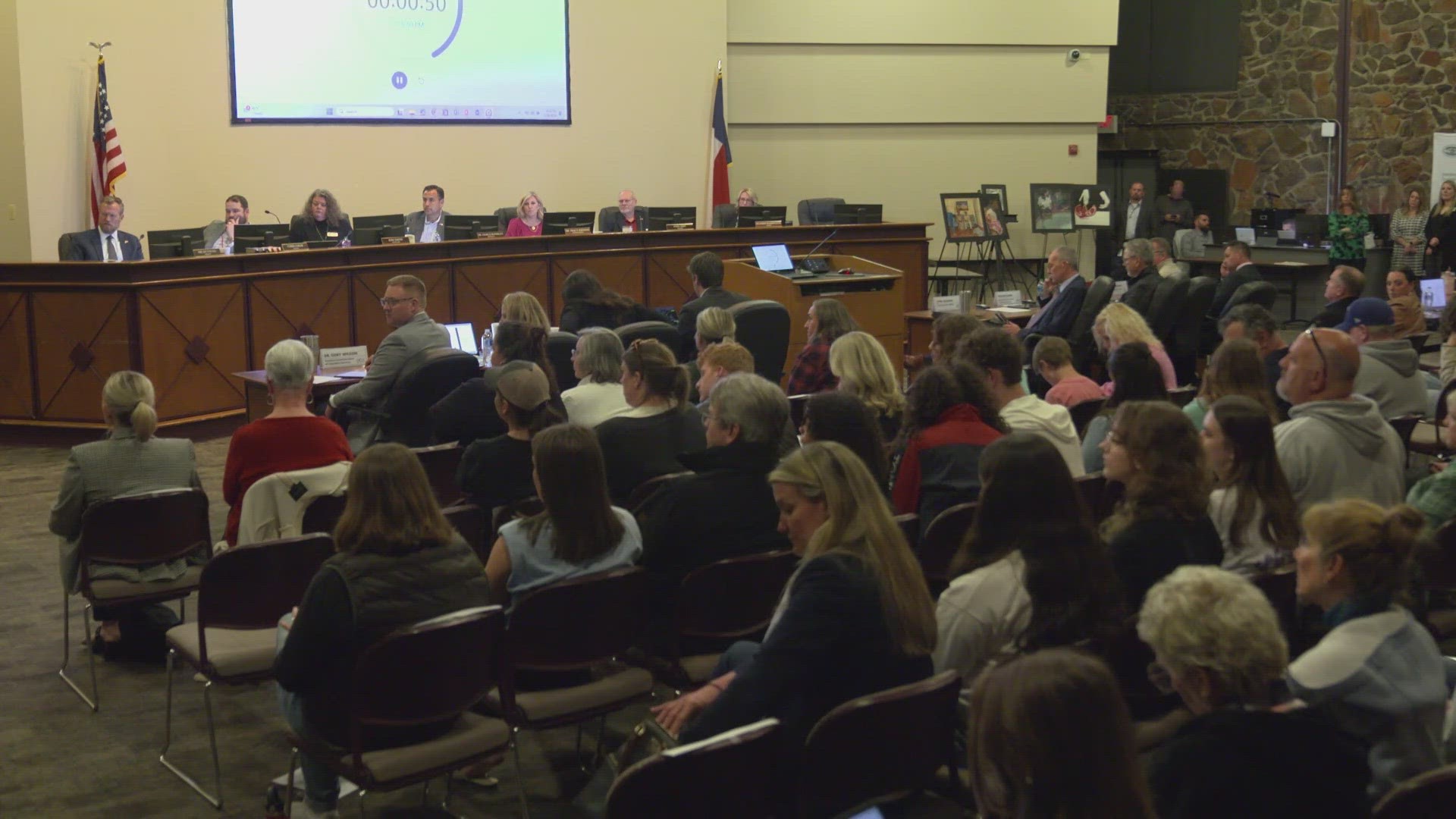 The community questioned Keller ISD trustees about a film crew that was allowed to interview and film students at Central High School, among other issues.