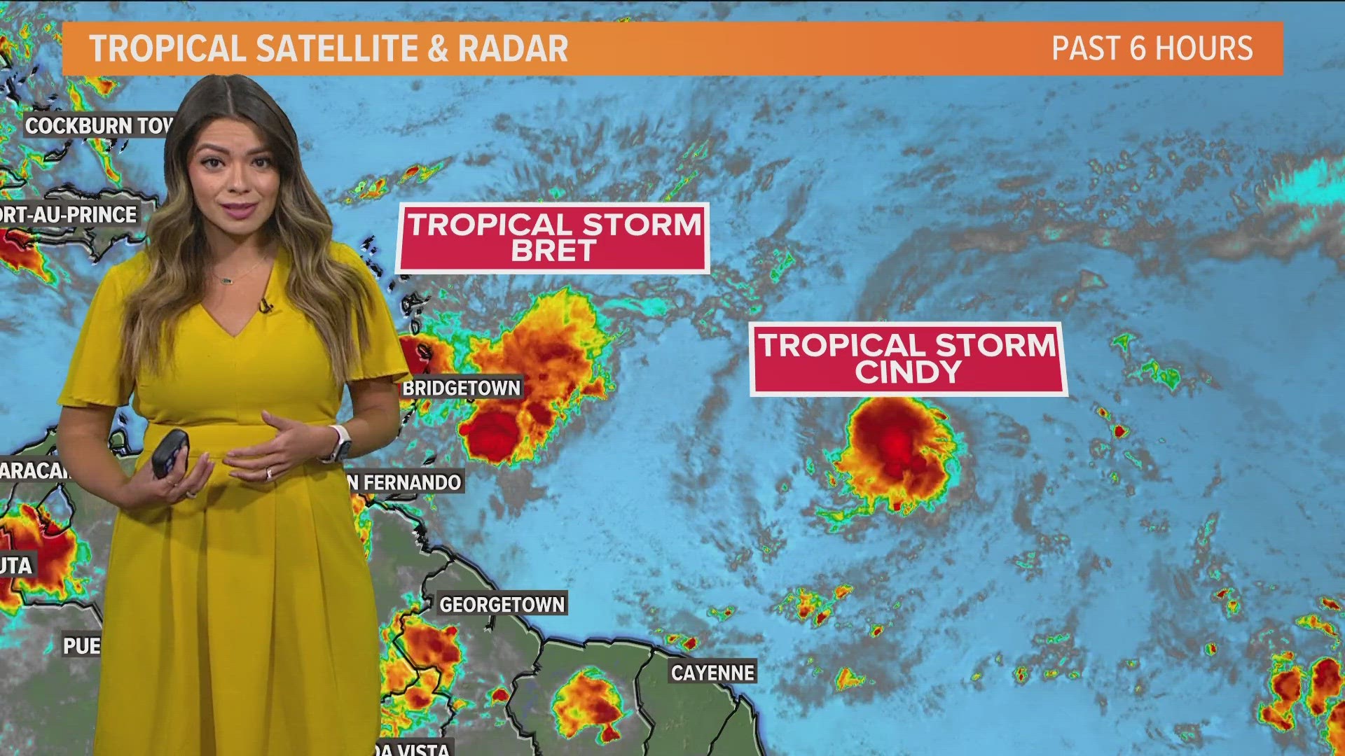 Here's the latest track of Tropical Storms Bret and Cindy.