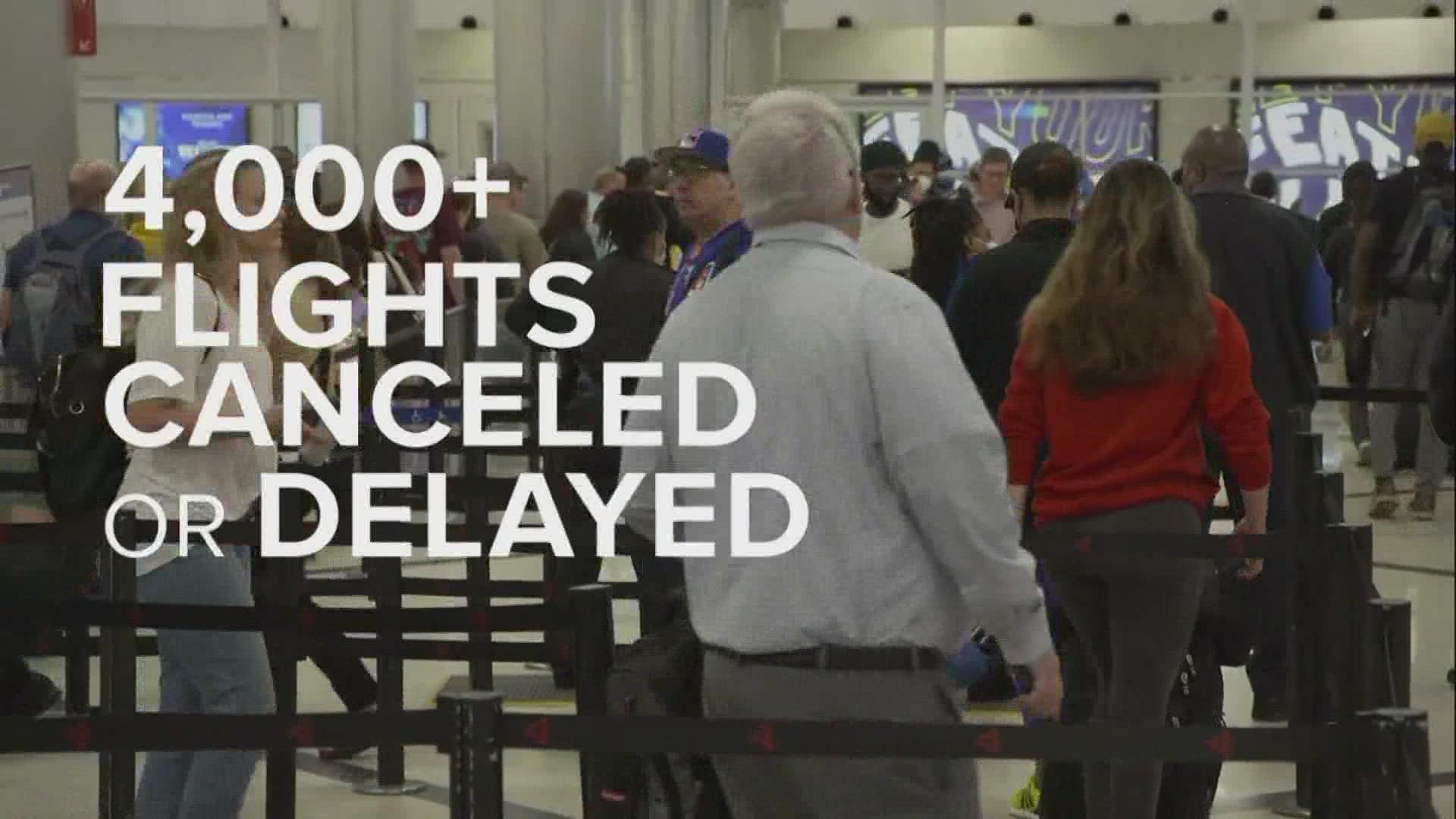 On Sunday alone, more than 4,200 flights were delayed and 900 flights were canceled across the country, according to FlightAware.