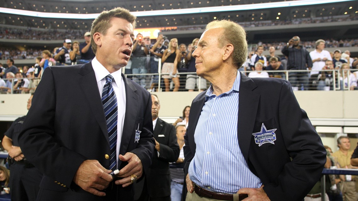 Dallas Cowboys Coach Barry Switzer, Qb Troy Aikman, And Sports