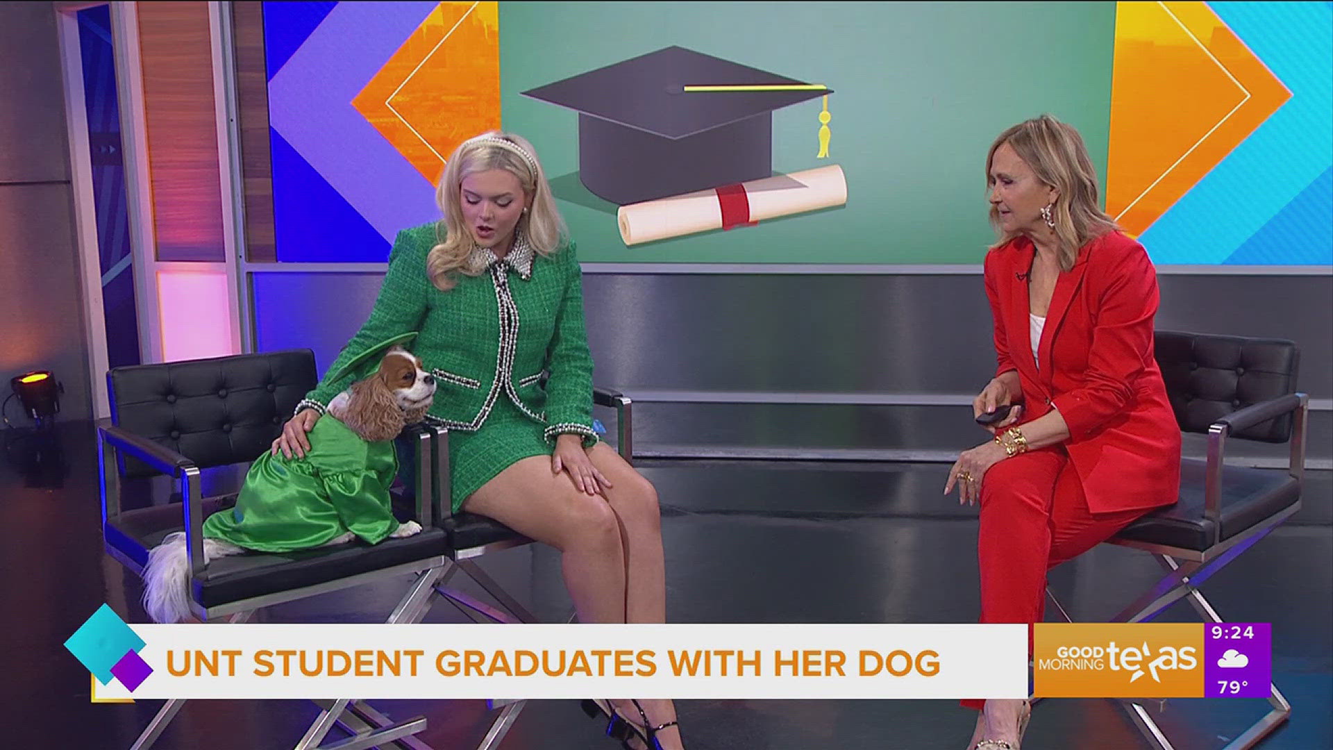 Lauren Clark and her King Charles Cavalier Spaniel stop by the studio before heading to graduation. Go to @loclark7 for more information.