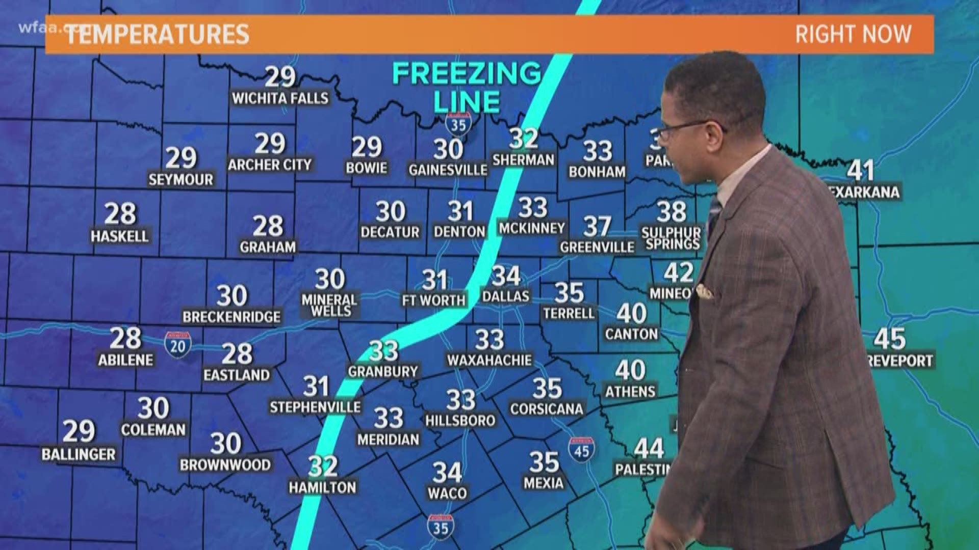 The freezing line was through the middle of Dallas-Fort Worth, with the colder temperatures to the west.