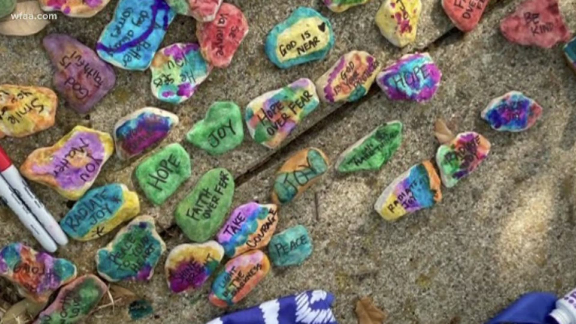 The Gonzalez family in Lake Highlands, Dallas painted 75 rocks with messages of hope and placed them around the neighborhood.